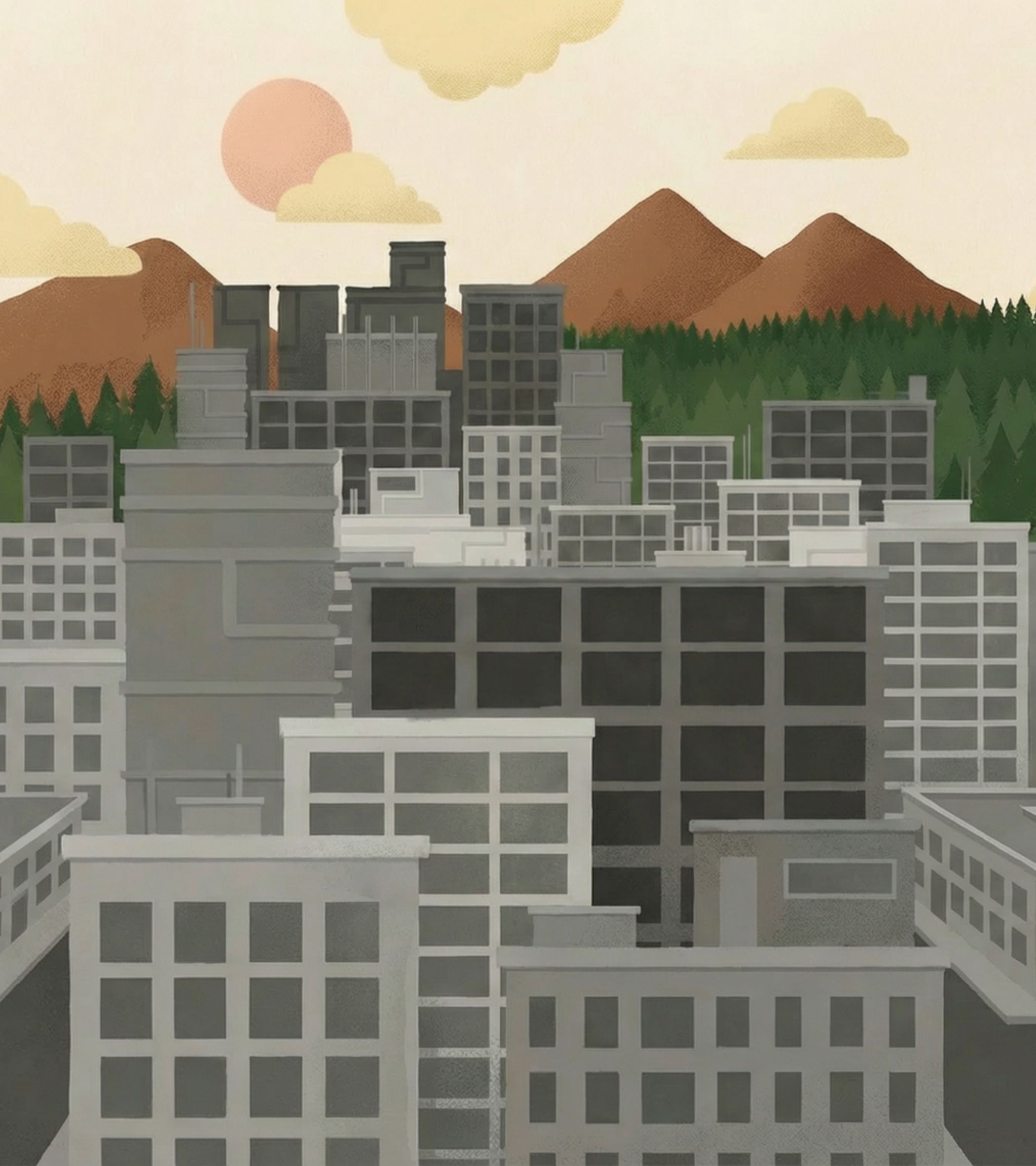 The illustration depicts a quiet cityscape with a cluster of gray and white buildings in the foreground, their windows arranged in neat grids. Behind the city, brown mountains rise above a line of green pine trees, while a pale pink sun hangs in a light beige sky dotted with soft yellow clouds. There are no characters visible, emphasizing the empty, calm atmosphere of the city where the 8 young people live. The art style is a simple, flat digital illustration with muted, warm tones that feel gentle and slightly lonely.