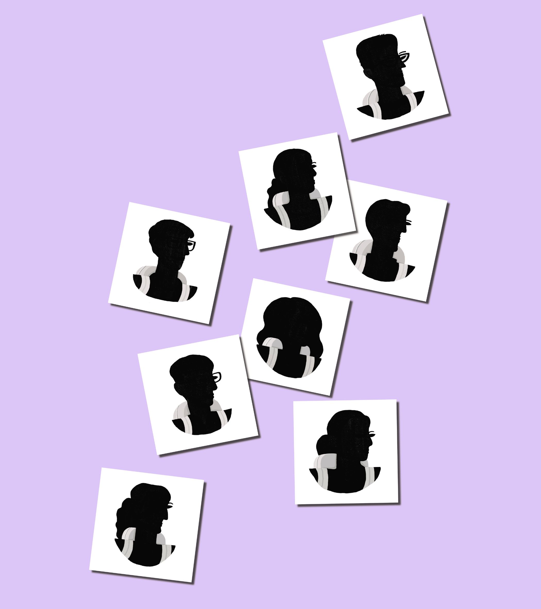 Eight square cards with black silhouettes of people-some with glasses, some with buns, some short hair-each wearing a white strap (like a bag) on their back, are scattered across a soft lavender background. The digital illustration uses flat, clean lines, giving a quiet, reflective mood that matches the story’s intimate tone about carrying <b>Rules</b> like burdens. Each silhouette is distinct, yet all share the same white strap, emphasizing the shared weight of the 'bag' from the text.
