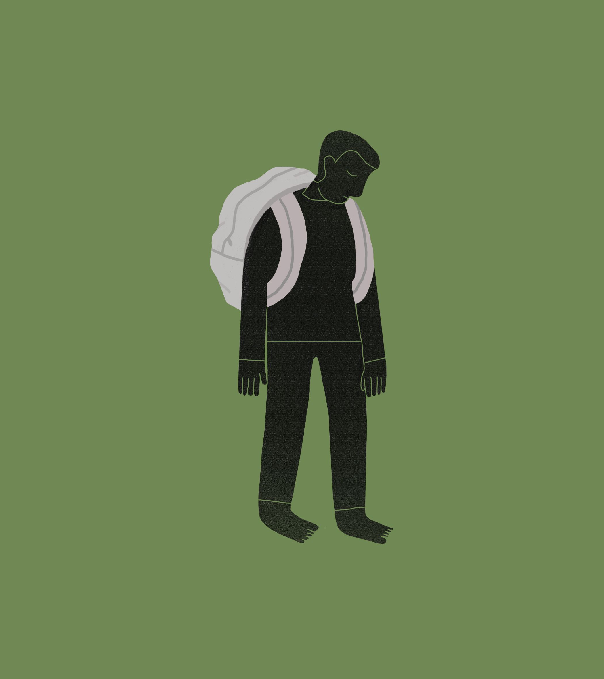 In a solid green background, a black silhouette of a person stands barefoot in the foreground, wearing a black long-sleeve shirt and pants, and carrying a white backpack with light pink straps. The figure’s head is bowed, shoulders slumped, and hands hang loosely, suggesting a heavy or weary burden. The art style is a simple, flat digital illustration, with muted colors that enhance the somber, introspective mood of the scene.