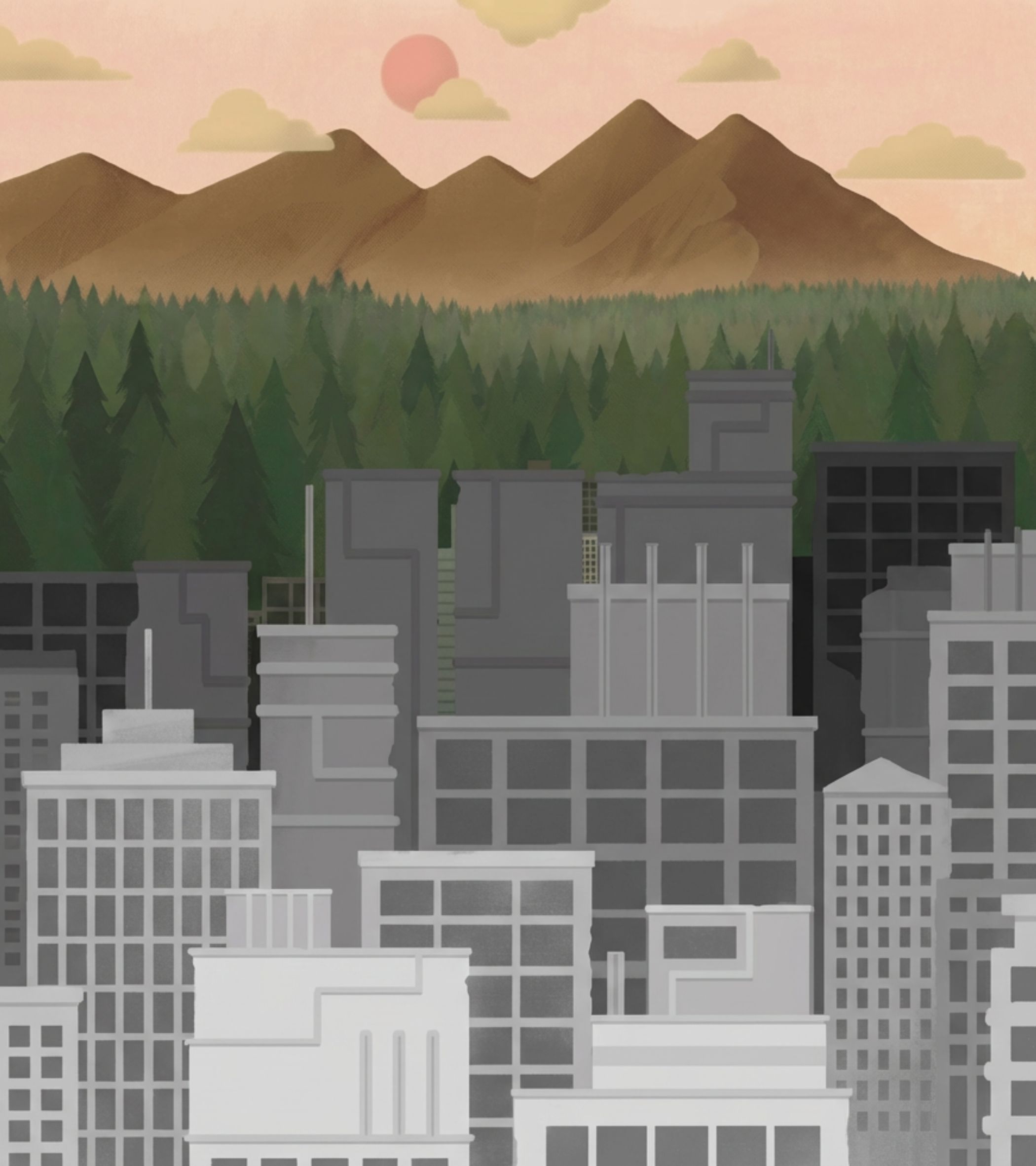 A cluster of gray and white city buildings with grid-like windows fills the foreground, their structured shapes contrasting with the dense, dark green forest behind them. Beyond <b>The Forest</b>, brown mountains rise under a soft pink sky, where a round red sun and fluffy yellow clouds cast a warm, gentle light. The art style is a smooth digital illustration with soft edges, creating a calm, dreamy atmosphere that emphasizes the distance between the city and the far-off forest mentioned in the text. No characters are visible in the scene.