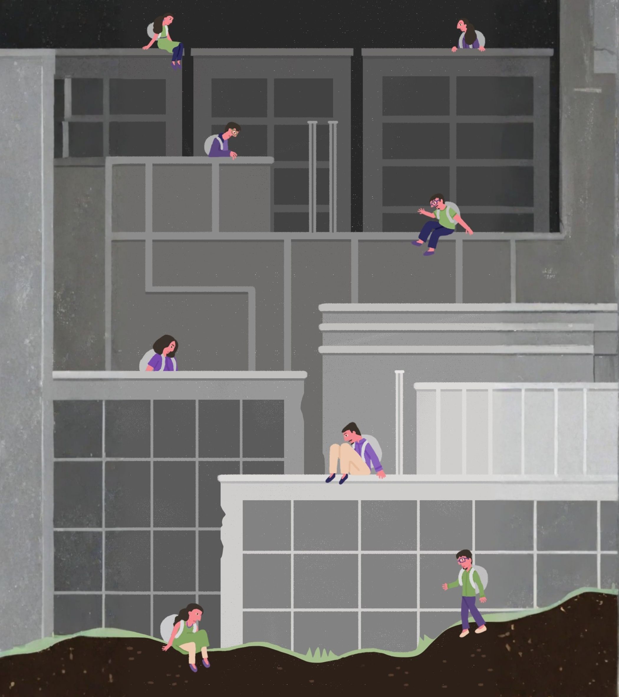 The illustration shows a multi-story gray building at night, with a dark brown dirt hill and green grass in the foreground. On the building’s balconies, eight characters-some in green dresses, others in purple or green shirts, all carrying backpacks-sit or lean, their postures slouched or still, as if burdened. The starry black sky contrasts with the building’s muted tones, while the foreground’s earthy browns and greens add warmth. The digital art style uses flat, bold colors and simple shapes, creating a somber mood that matches the story’s theme of heavy burdens and longing for freedom.