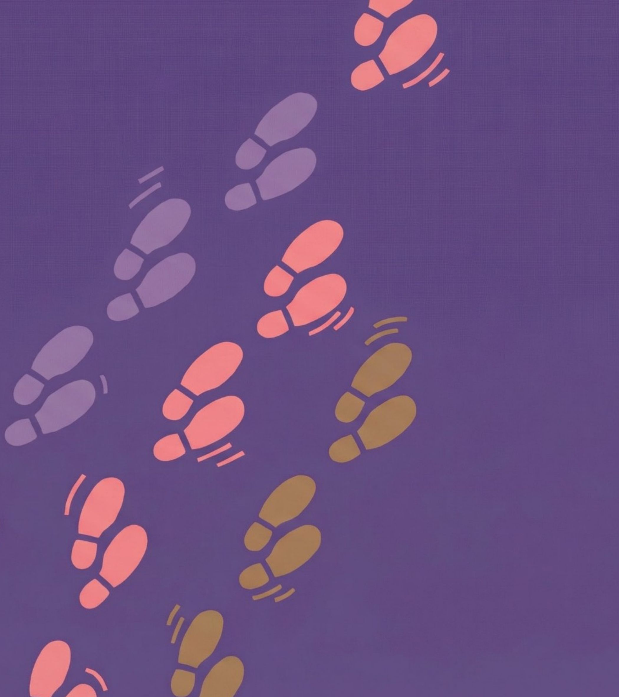 On a rich, smooth purple background, a diagonal trail of rounded, stylized cartoon footprints-soft lavender, warm coral, and golden brown-stretches from the bottom left to the top right, each step marked by small curved lines that suggest walking or running. The digital illustration uses flat, bold colors and simple shapes, creating a hopeful, curious mood that mirrors the characters’ longing to explore the unknown Forest. No visible characters are present; only the colorful, motion-suggesting footprints hint at the journey ahead.