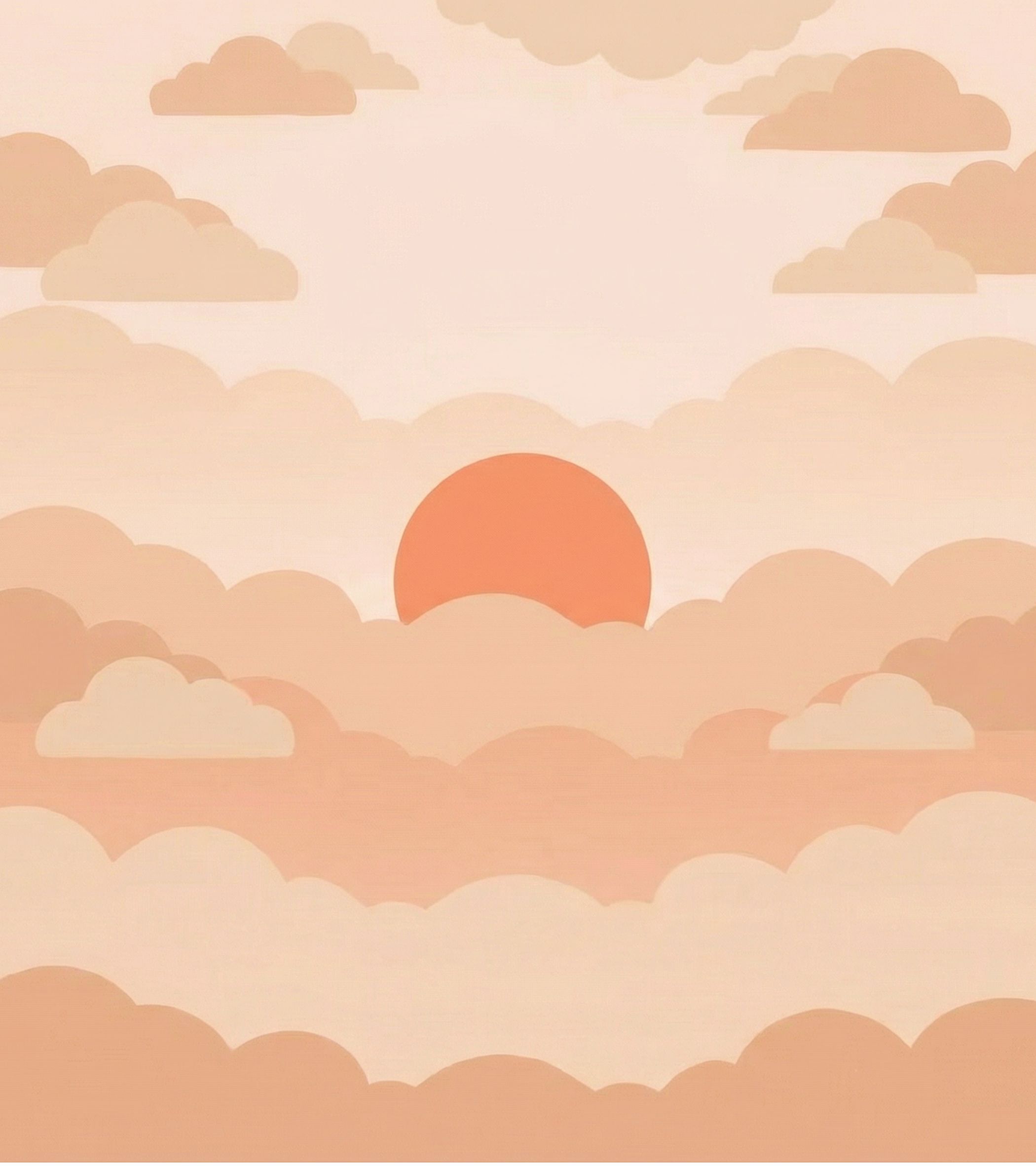 Foreground: Layered, fluffy clouds in soft peach and cream fill the bottom, like stacked pillows. Middle ground: A bright orange sun peeks over the top cloud layer, half-hidden, casting a warm glow. Background: Pale pink sky with scattered, wispy clouds. No characters are present; the scene is calm and hopeful, with gentle peach, cream, and pale pink colors and a warm sun glow. Art style is digital illustration, flat with soft gradients, cartoonish and gentle, matching the story’s introspective tone.