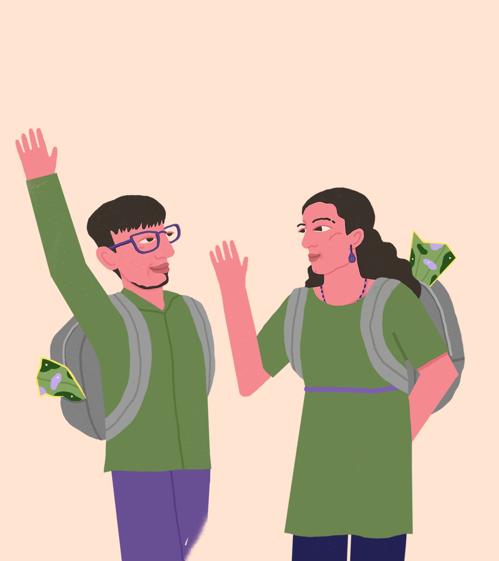 In a soft peach background, two people stand in the foreground, gray backpacks slung over their shoulders with green maps (purple spots) peeking out. On the left, Rohan-short black hair, purple glasses, green long-sleeve shirt, purple pants-raises his right hand high, smiling broadly. On the right, Babli-long black braid, purple earring, green dress with a purple belt-waves her left hand, her face lit with a friendly grin. The digital illustration uses flat, warm colors and simple shapes, capturing a cheerful, excited mood as they meet.