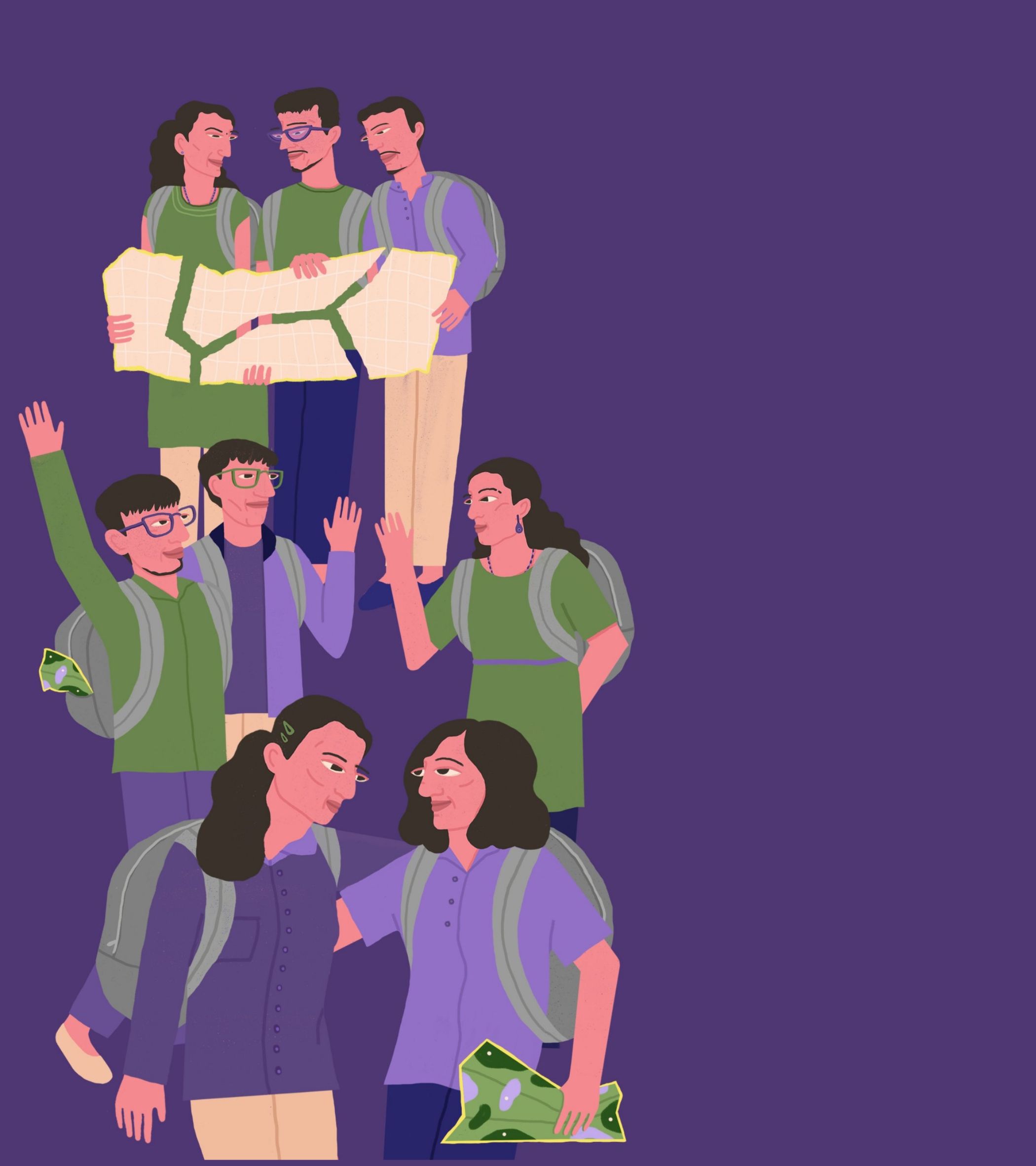 Against a deep purple background, eight young people cluster in a warm, connected group. In the foreground, two women in purple shirts-one holding a green leaf-patterned map, the other with a hand on her shoulder-smile gently. The middle layer has three wavers: a boy in a green shirt with a backpack, a man in a purple jacket, and a woman in a green dress, all with friendly expressions. In the background, three more hold a large map with a green path, their faces soft with anticipation. The flat, cartoonish art style feels hopeful and inclusive, like a group finding belonging.