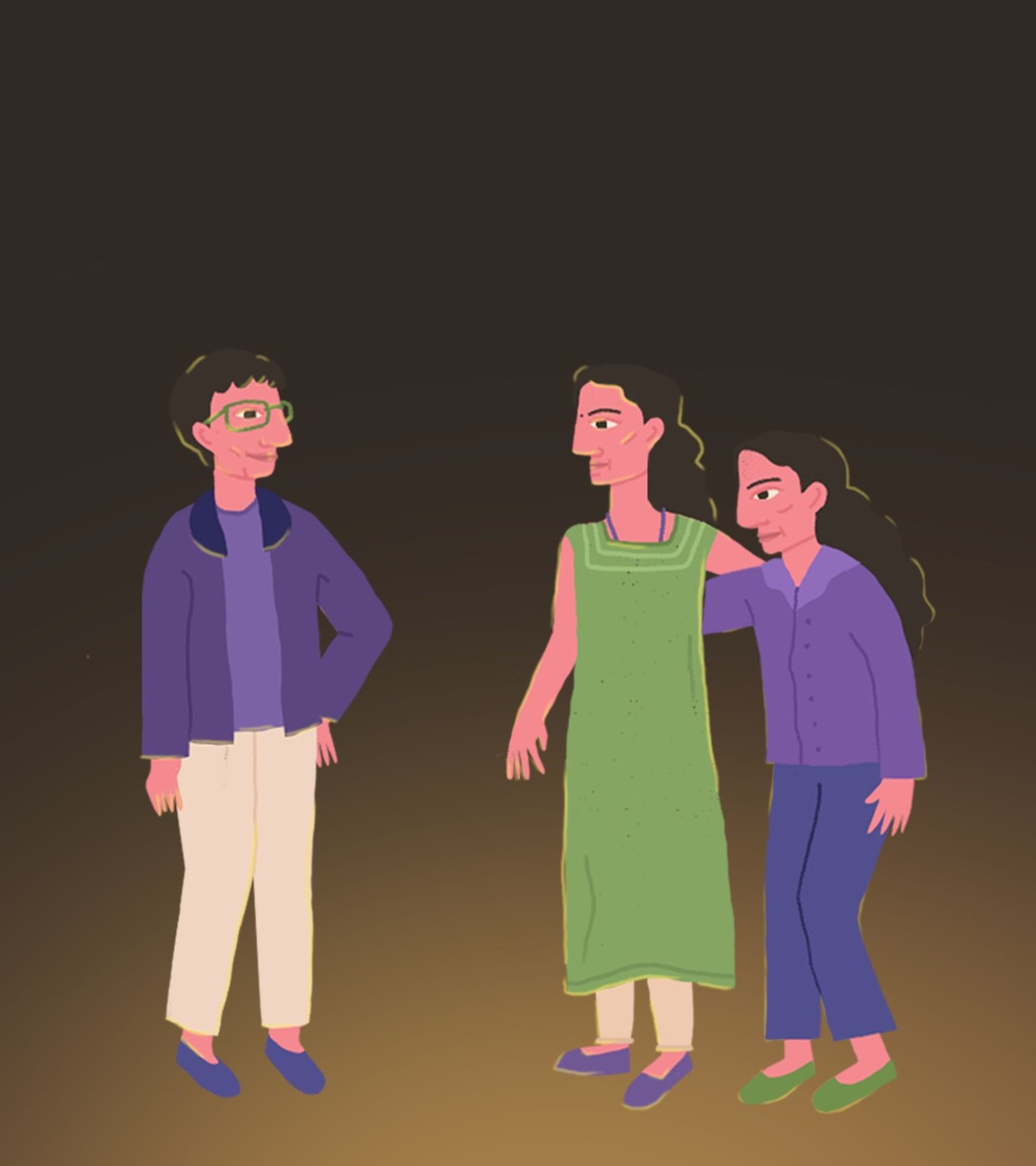 In a dark, gradient forest background (shifting from black to warm brown), three cartoon-style characters stand in the foreground. On the left, a male with green glasses wears a purple jacket, purple shirt, white pants, and blue shoes, hands on hips as he looks at the others. In the middle, a female in a green dress with beige leggings and purple shoes stands straight, while the male on the right-dressed in a purple shirt, blue pants, and green shoes-leans in with an arm around her shoulder, smiling. Soft, warm lighting highlights their friendly, collaborative mood, with flat, vibrant colors and simple lines creating a cozy, approachable atmosphere.