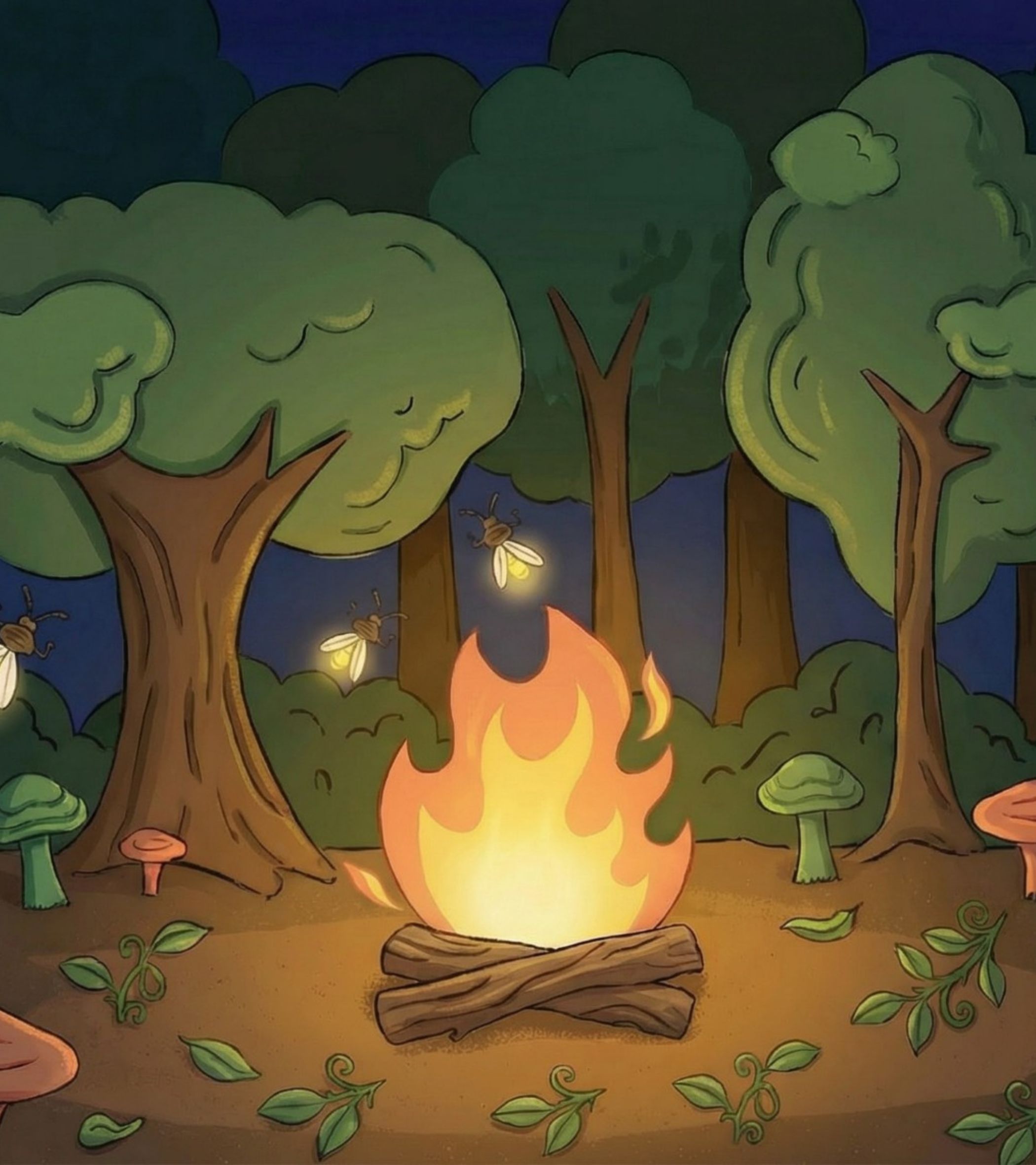 In the foreground, a small bonfire with bright orange-yellow flames burns on two crossed logs, surrounded by scattered green leaves and colorful mushrooms (green and pink). Behind it, tall leafy green trees with thick brown trunks stand against a dark blue night sky, where three fireflies with glowing yellow lights flutter near the branches. The bonfire’s warm glow contrasts with the cool sky, creating a cozy, magical forest evening. The art style is cartoonish with bold outlines and bright, flat colors, giving a whimsical, storystory feel.