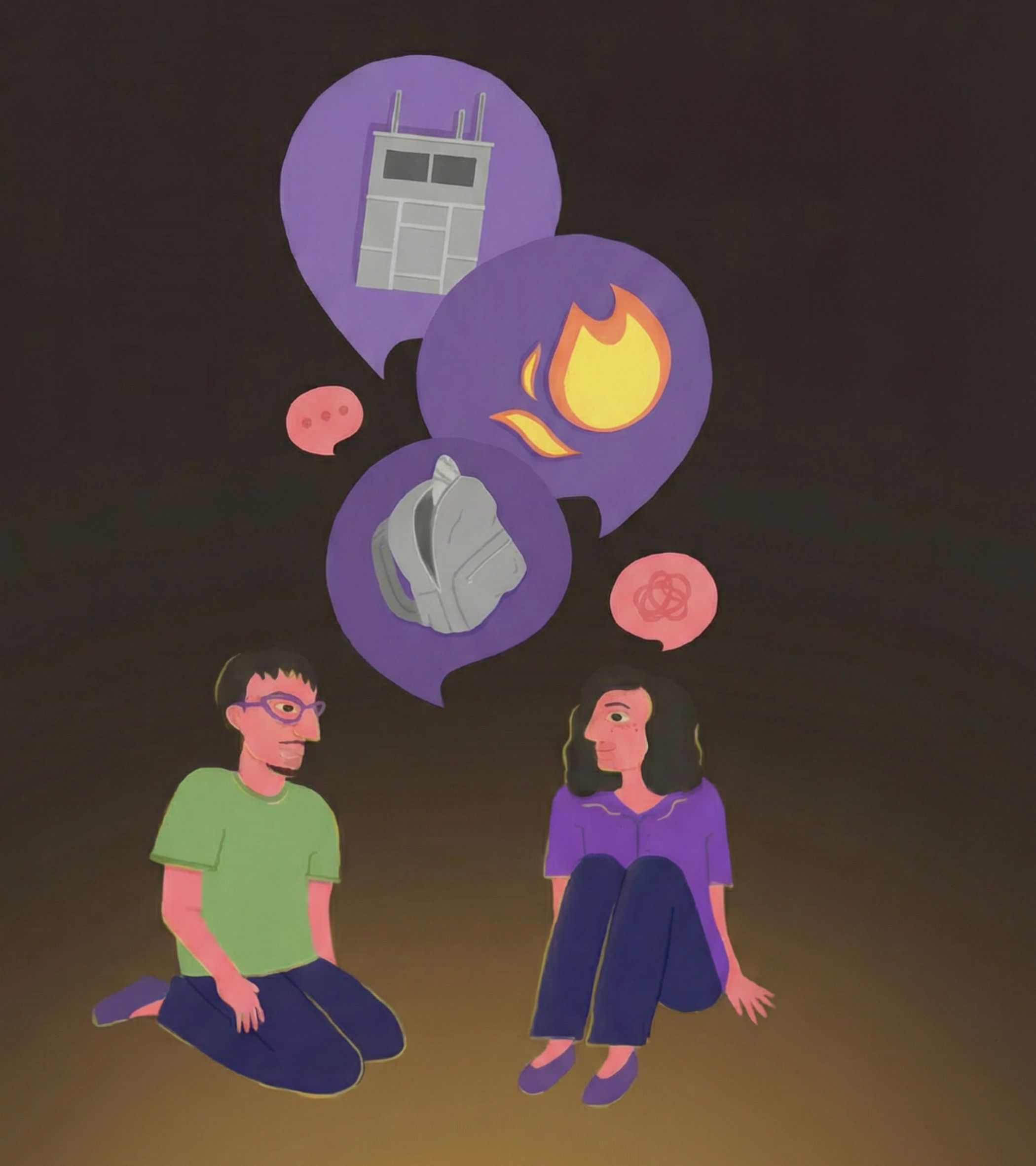 In a dark, warm-toned scene, two people sit on a brown ground: a boy in a green shirt and glasses kneels, hands resting on his knees, gazing at a girl in a purple shirt who sits with knees drawn up, leaning slightly toward him. Above them, purple speech bubbles hold a gray building, a bright yellow-orange flame (suggesting a bonfire), and a gray backpack, while pink bubbles show three dots and a tangled knot. The flat, cartoon-style illustration uses bold colors to convey an intimate, quiet mood as they share stories, with the flame hinting at the warmth of their conversation.