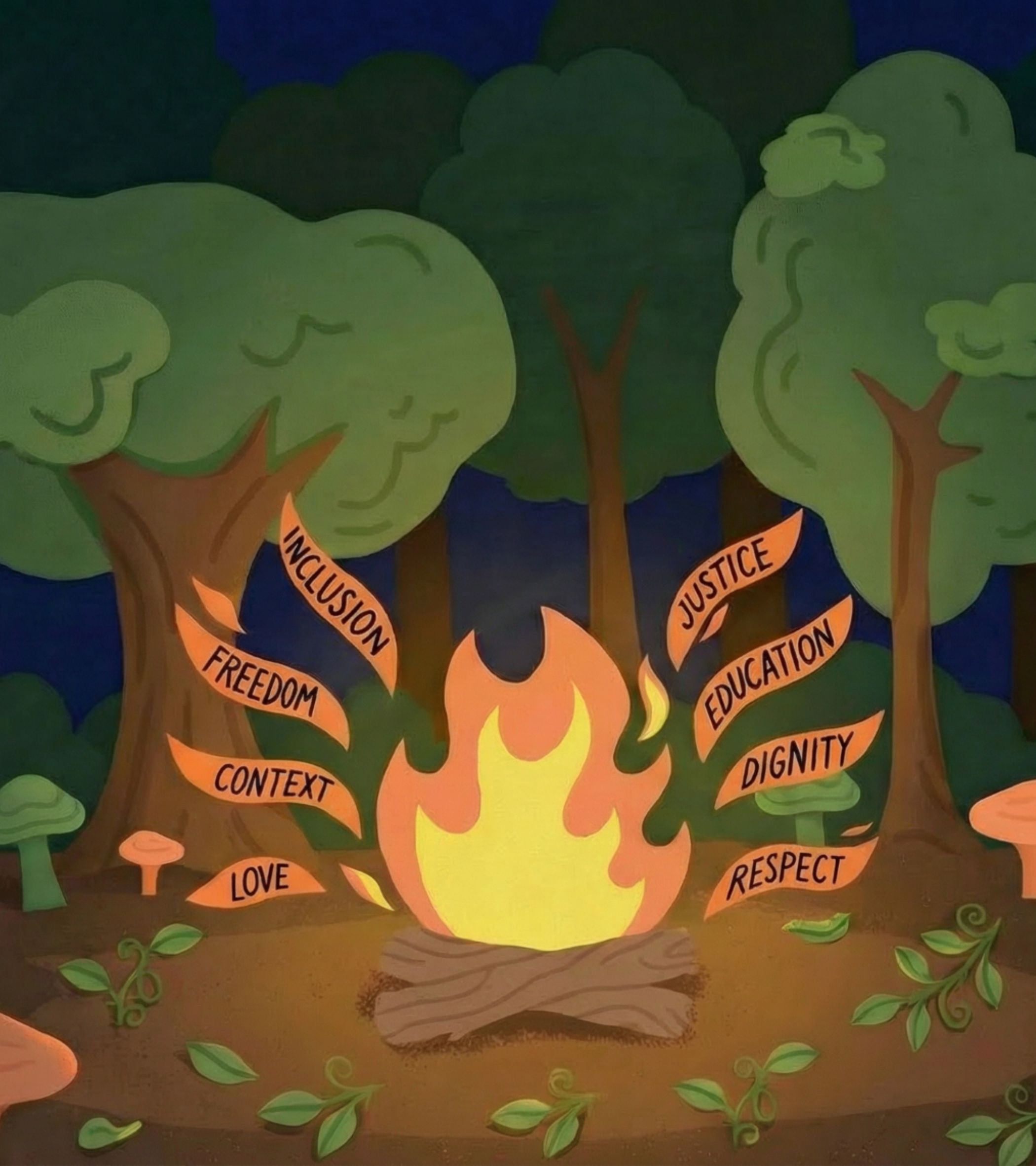 In a cartoon-style illustration, a warm orange campfire burns in the foreground, surrounded by small green plants and colorful mushrooms, with tall, rounded green trees and a dark blue night sky in the background. Orange banners with black text-Inclusion, Freedom, Context, Love, Justice, Education, Dignity, Respect-float around the fire, their glow contrasting with the cool, shadowy forest. The scene feels intimate and hopeful, like a gathering place for sharing dreams, with <b>The Forest</b> standing as a quiet witness. The art uses flat, bright colors and simple shapes to create a cozy, inviting atmosphere perfect for a people’s storystory.