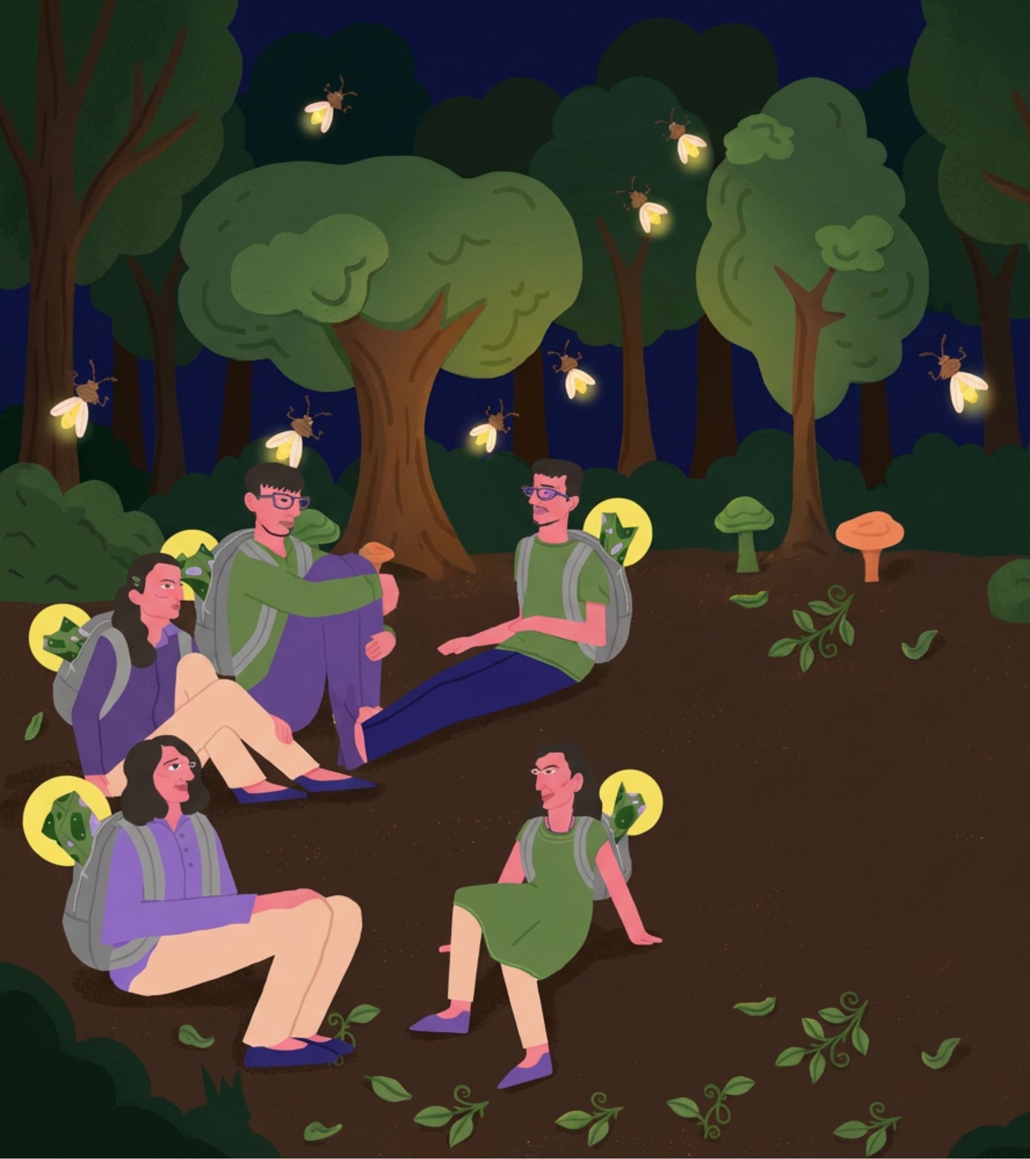 In a dark blue night forest, 8 young people sit on brown earth in the foreground, surrounded by tall green trees with brown trunks. They wear gray backpacks with green symbols-some in purple shirts and beige pants, others in green tops (one dress, one shirt) and blue pants-all with blue shoes, their expressions engaged as they look at each other, like they’re sharing stories. Glowing yellow fireflies float around, and green/orange mushrooms dot the ground, while small green leaves and plants scatter nearby. The cartoonish, flat-colored illustration has a cozy, magical mood, capturing the group’s curiosity as they discover each other’s gifts.