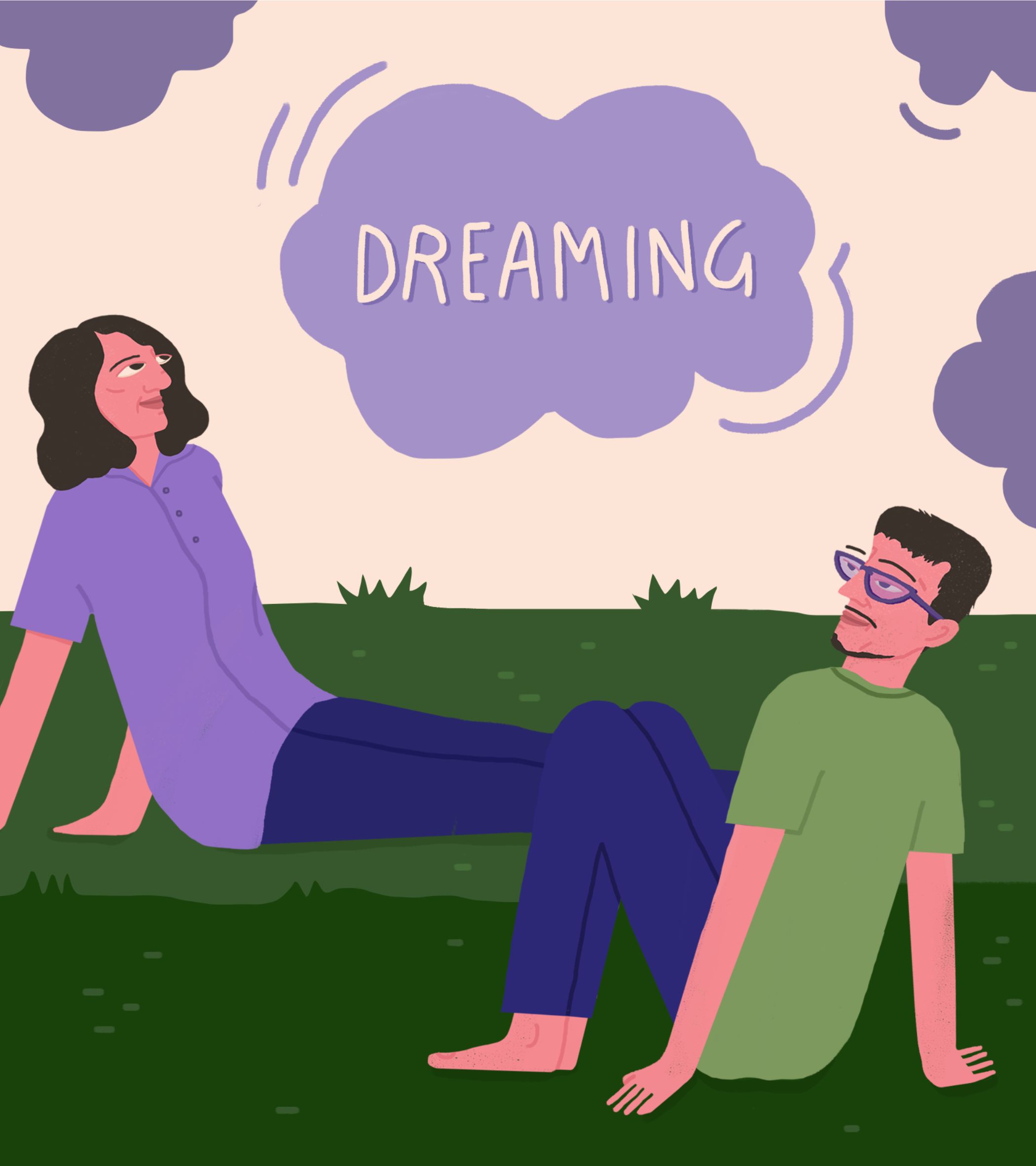 Two people sit on a lush green grassy field under a pale peach sky. On the left, Kavya-with dark wavy hair, a purple shirt, and blue pants-leans back on one hand, gazing upward with a gentle smile. On the right, a person with short dark hair, purple glasses, and a green shirt sits with hands on the ground, also looking up thoughtfully. A large purple cloud in the center bears the word 'DREAMING' in white, playful letters. The flat, cartoonish digital illustration uses soft, bold colors to create a calm, hopeful mood, emphasizing the story’s theme of never stopping to dream.
