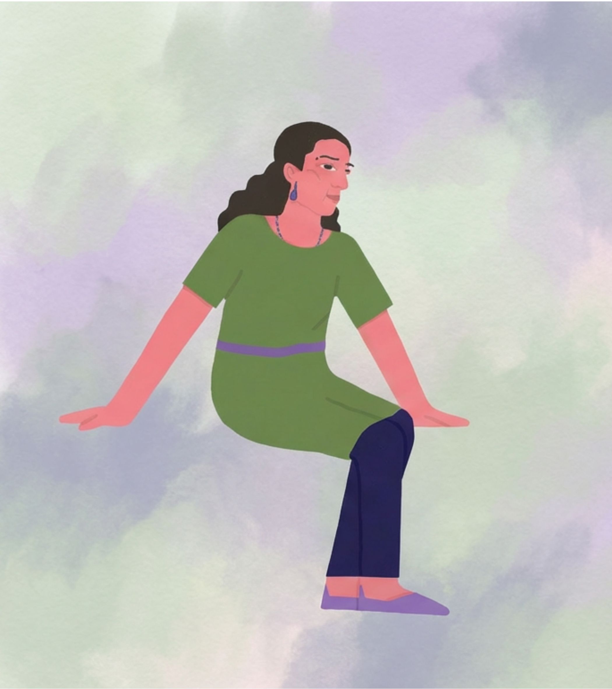 A soft watercolor background of light green and lavender clouds frames Babli in the foreground. She has long, dark curly hair and wears a green dress with a purple belt, dark blue pants, purple shoes, a blue necklace, and a blue earring. Sitting with one leg bent and hands resting on the ground for balance, she looks to the side with a thoughtful, slightly smiling expression, embodying the calm introspection of a storyteller bursting with ideas. The gentle pastel tones and blended style create a warm, hopeful mood.