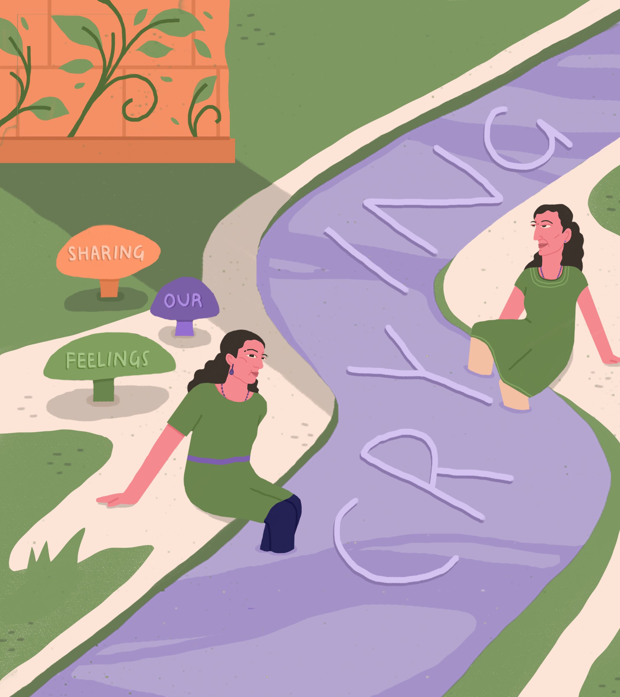 A winding purple stream runs through a grassy area, bordered by a sandy path where two women in matching green dresses sit facing each other-one with a purple belt and blue shoes, the other bare-legged-their calm expressions and relaxed postures suggesting a gentle conversation. Behind them, a brick wall with curling vines and three mushroom-shaped signs (orange 'SHARING', purple 'OUR', green 'FEELINGS') add a whimsical, nurturing touch. The soft, flat digital illustration uses pastel hues (purple, green, orange) to create a warm, peaceful atmosphere, emphasizing the theme of emotional connection.