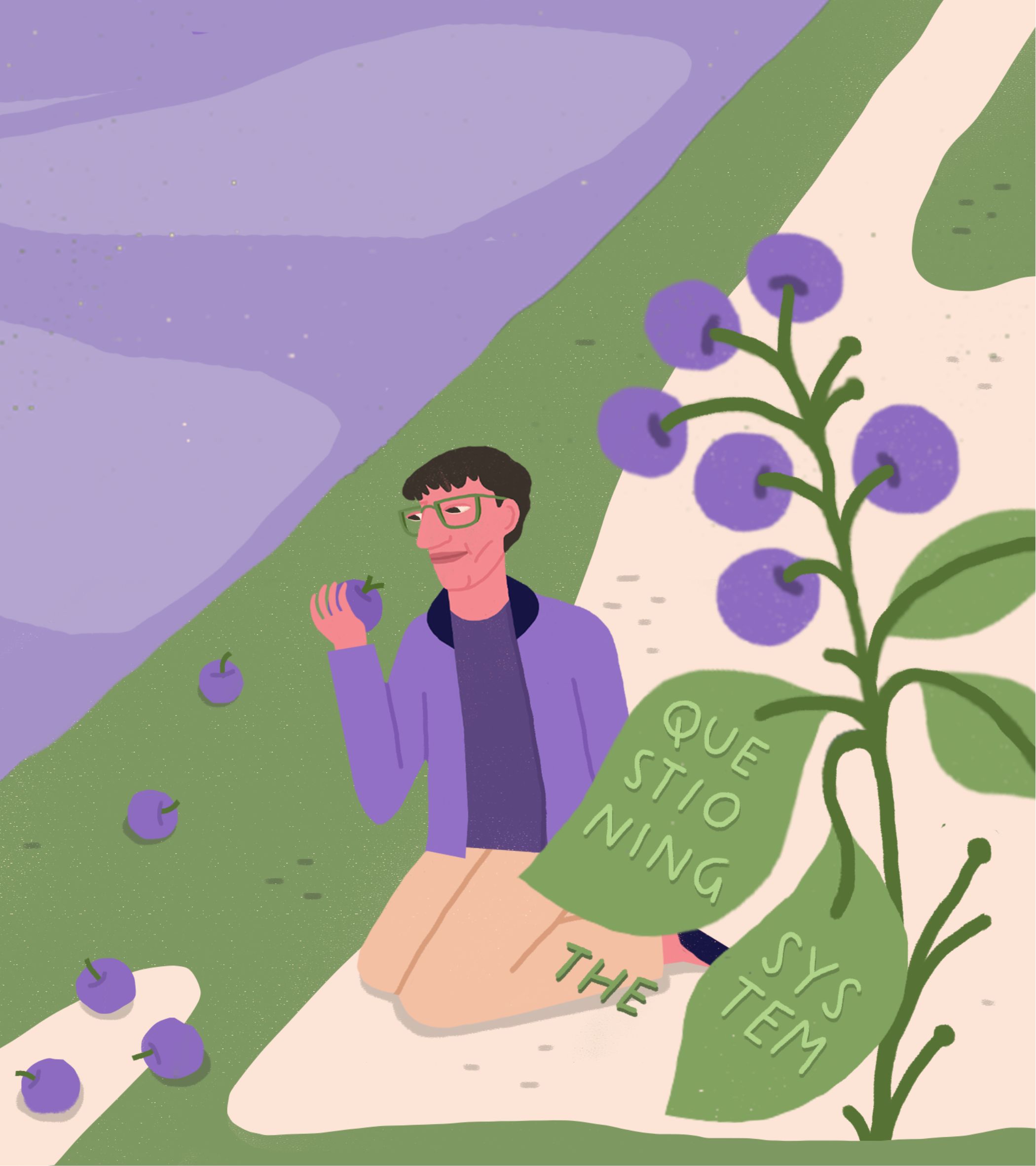 A kneeling figure with short dark hair, green glasses, and a purple jacket holds a purple berry, smiling gently. They sit on a light beige patch amid green grass, with a purple, star-dotted body of water behind them. To the right, a plant with green leaves and purple berries bears the text 'QUESTIONING THE SYSTEM' in light green. The scene uses soft pastels-purple, green, beige-with a flat, digital illustration style, evoking a calm, curious mood.