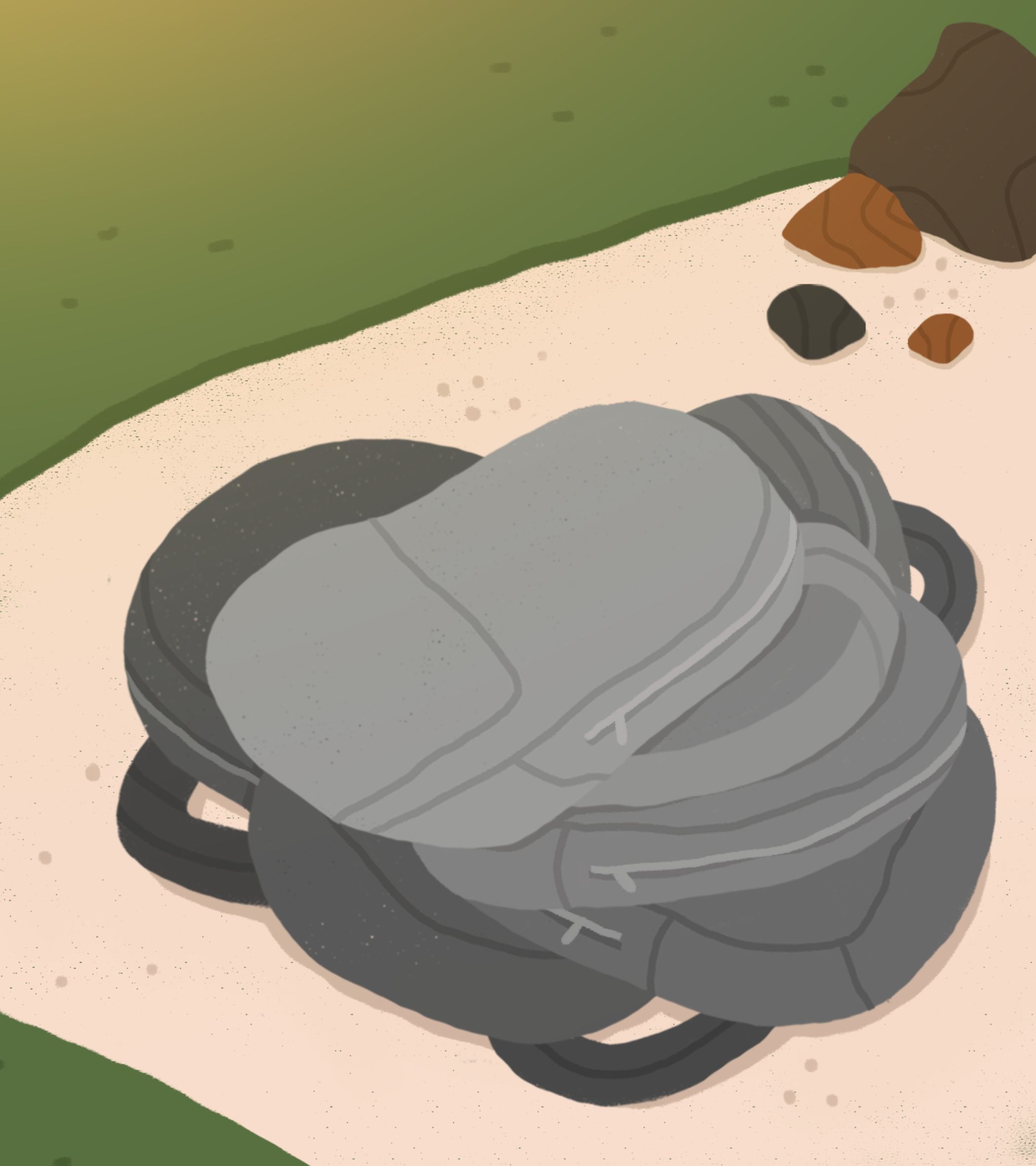A gray backpack with black straps rests on a sandy path, its soft, rounded shape suggesting the weight of adventure. Behind it, a strip of green grass borders the path, dotted with small brown and black rocks. The illustration’s warm, muted tones and gentle textures evoke quiet hope, as if the backpack holds not just supplies but the bonfire’s light and <b>The Forest</b>’s spirit-echoing the story’s theme of carrying hopes and nature forward. The art style is a soft, cartoonish digital illustration, with subtle speckles adding depth to the sand and grass.