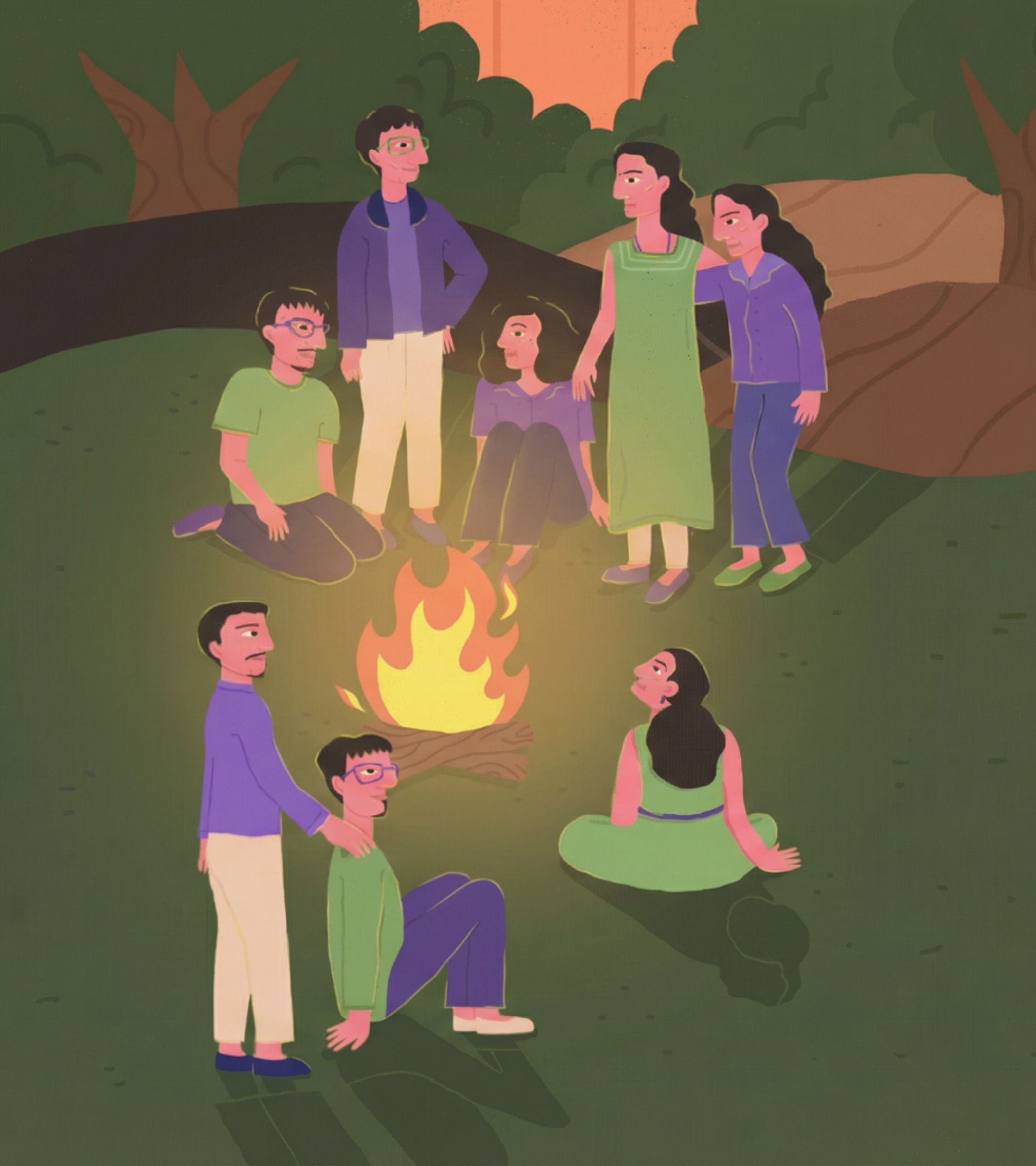 In a forest clearing at sunset, eight people huddle around a glowing campfire, their faces bathed in warm yellow light. The group includes a man in a green shirt sitting cross-legged, a man in a purple jacket standing with hands in pockets, a woman in a purple top sitting with knees drawn up, two women standing close (one in a long green dress, one in a purple shirt with an arm around her), a man in a purple shirt standing beside a boy in a green shirt and purple pants, and a woman in a green dress sitting cross-legged-all relaxed, their eyes on the fire or each other, radiating friendship. The background features tall trees with brown trunks and a soft orange sky, while the grass is a deep green, enhancing the cozy, intimate atmosphere. The illustration uses flat, cartoon-like colors with smooth lines, giving it a gentle, storystory charm.