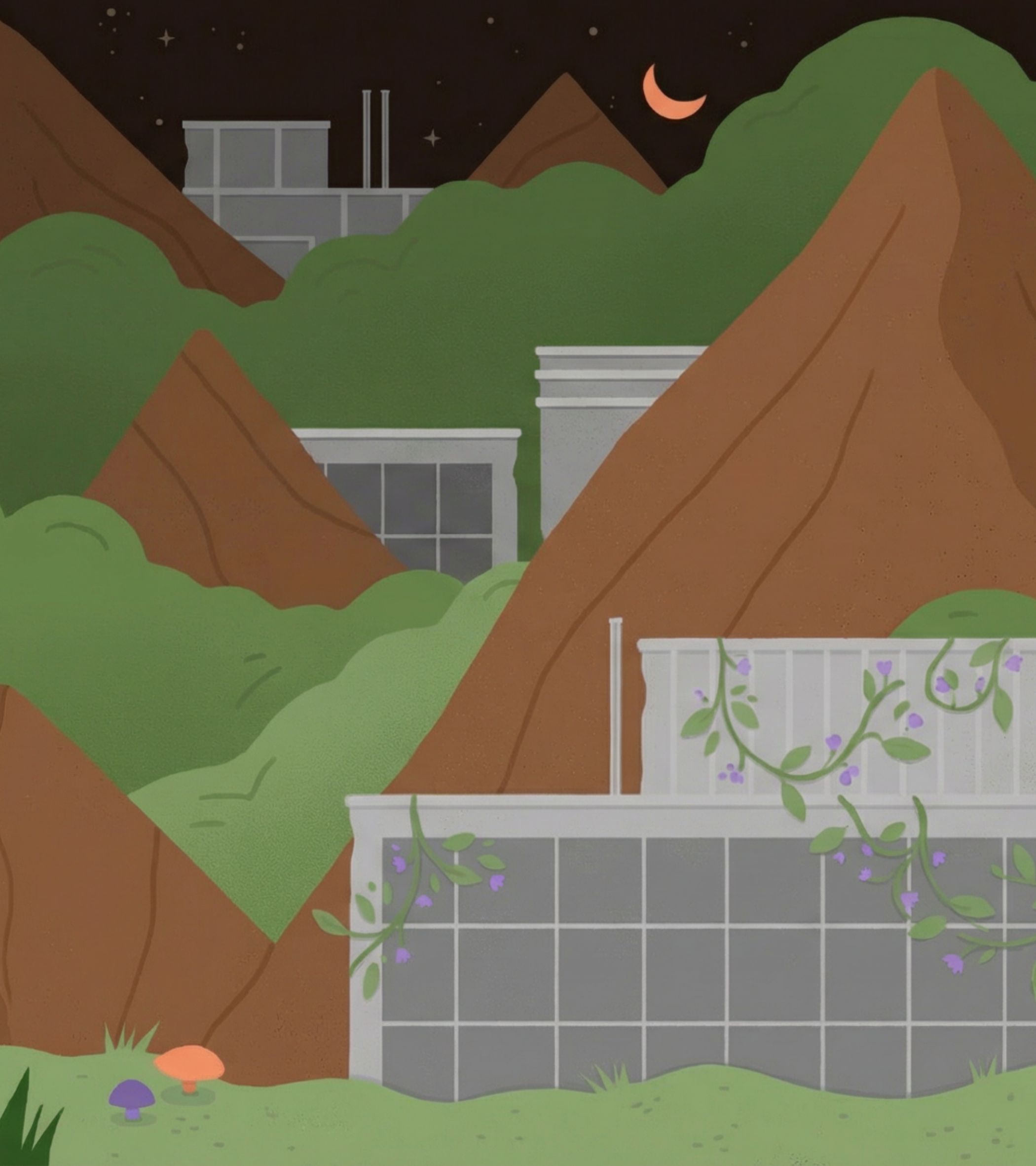 A bright green grassy foreground holds two mushrooms-one orange, one purple-before a modern gray building with a tiled lower wall and a white balcony, where purple-flowered vines climb over the railing. Behind the building, rolling brown mountains with lush green slopes rise toward a dark night sky dotted with tiny stars and a curved orange crescent moon, with distant gray industrial structures peeking over the peaks. The flat, colorful digital illustration has soft edges, creating a calm, hopeful mood; no characters are present.