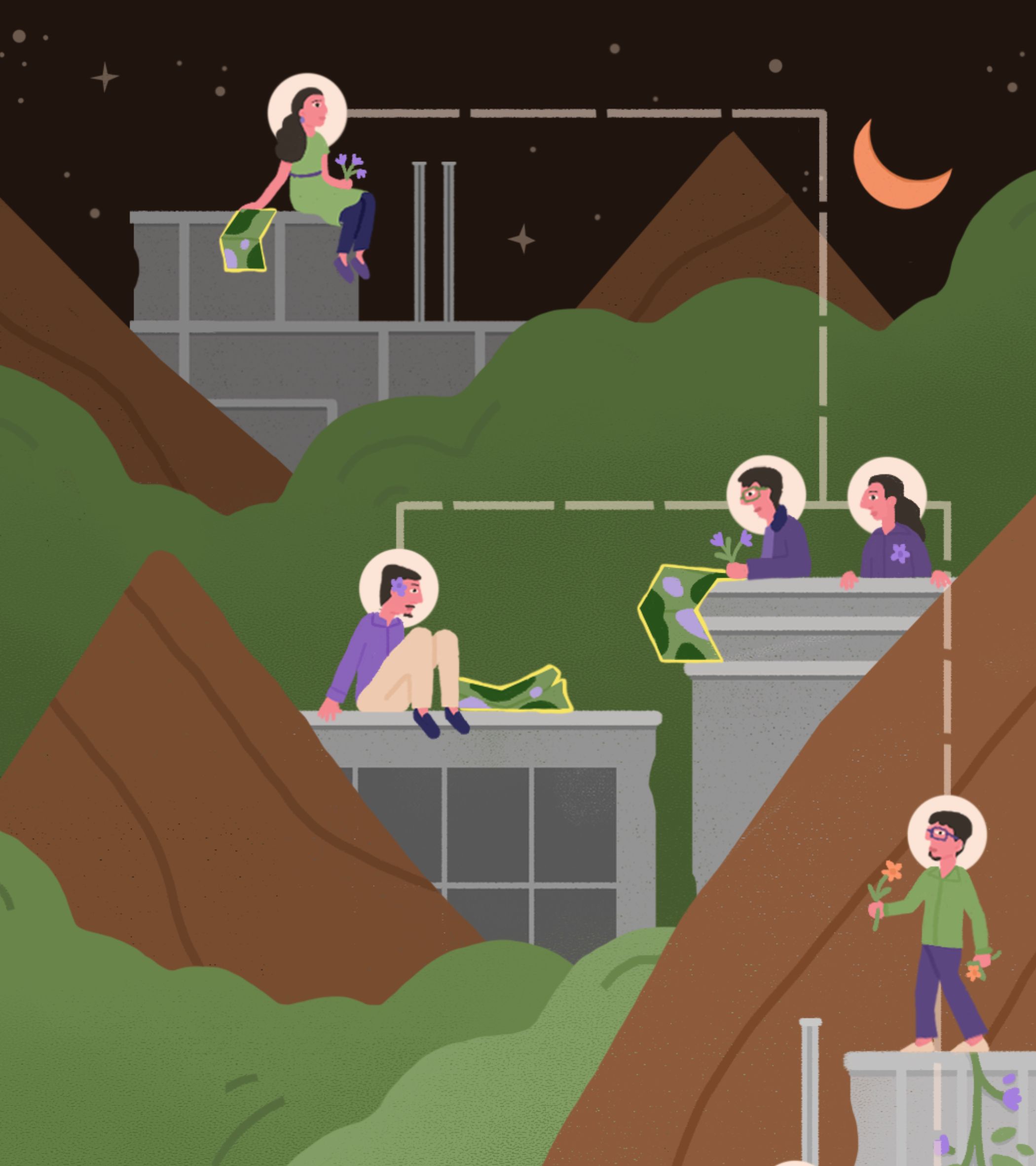 A digital illustration for 'Finding Our Forest' depicts a night scene with a starry sky, crescent moon, and green hills behind brown mountains. Concrete platforms hold characters: a girl in a green dress and blue pants sits on a top ledge with a box and purple flowers; a boy in a purple shirt and beige pants sits on a middle ledge with a blanket, looking surprised; two people in purple shirts (one with glasses, one with a flower) stand on a right ledge, one holding flowers; a boy in a green shirt and blue pants stands on a bottom ledge with orange flowers. Soft moonlight and flat, bold colors create a calm, connected mood, reflecting the verse’s theme of unity with nature.