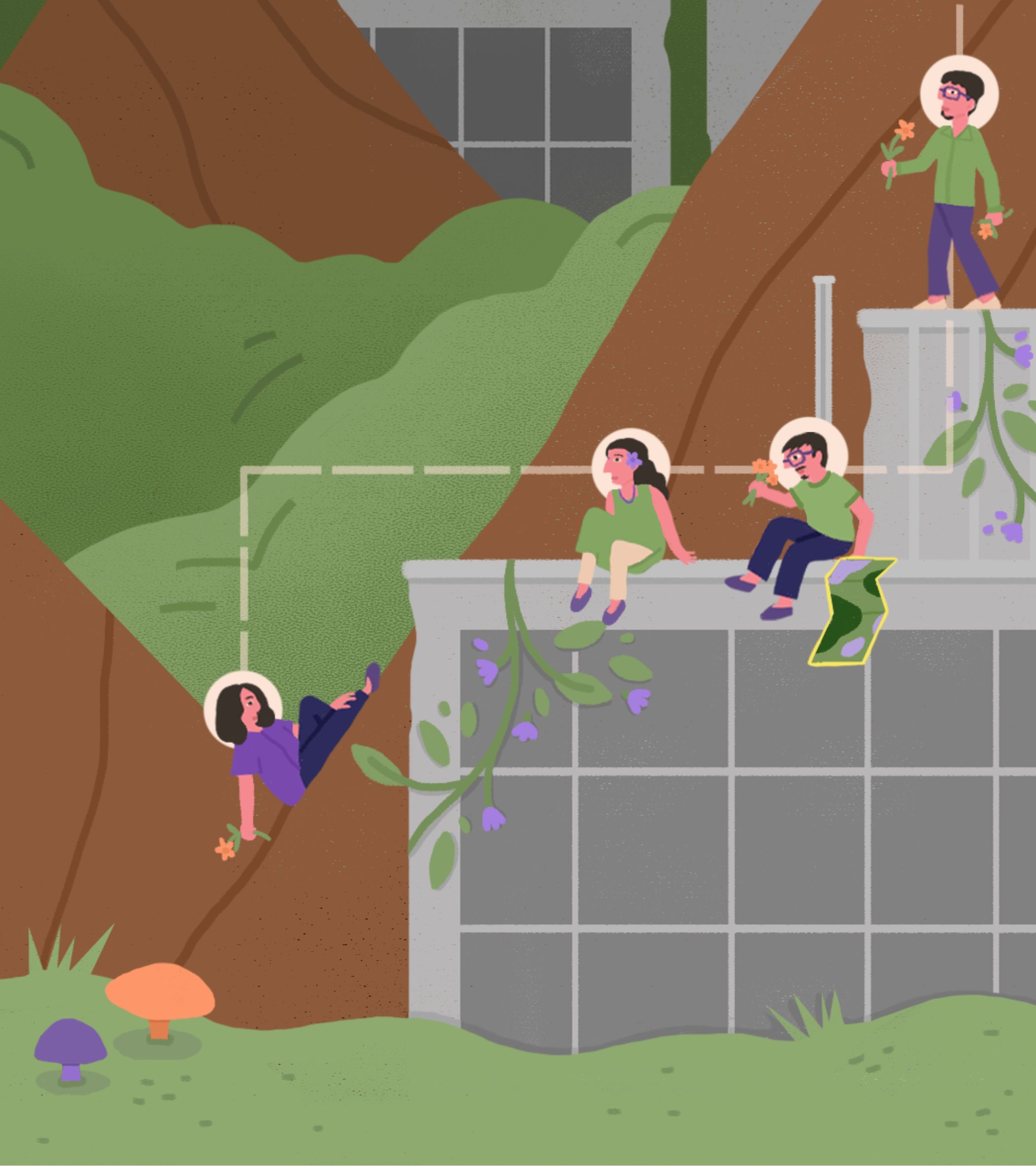 The illustration depicts a warm, earthy scene with a thick brown tree trunk in the foreground, lush green grass dotted with an orange mushroom and a purple mushroom. A gray stone wall runs through the middle, where three characters sit-one in a green dress holding a flower, one in a green shirt and blue pants smelling a flower, and a fourth in a purple shirt hanging from the tree, all with soft halos. In the background, a building with dark windows and more tree trunks frames the scene. The art style is a flat, digital illustration with muted, inviting colors (browns, greens, purples) and a gentle, community-focused mood, emphasizing connection to nature and each other.