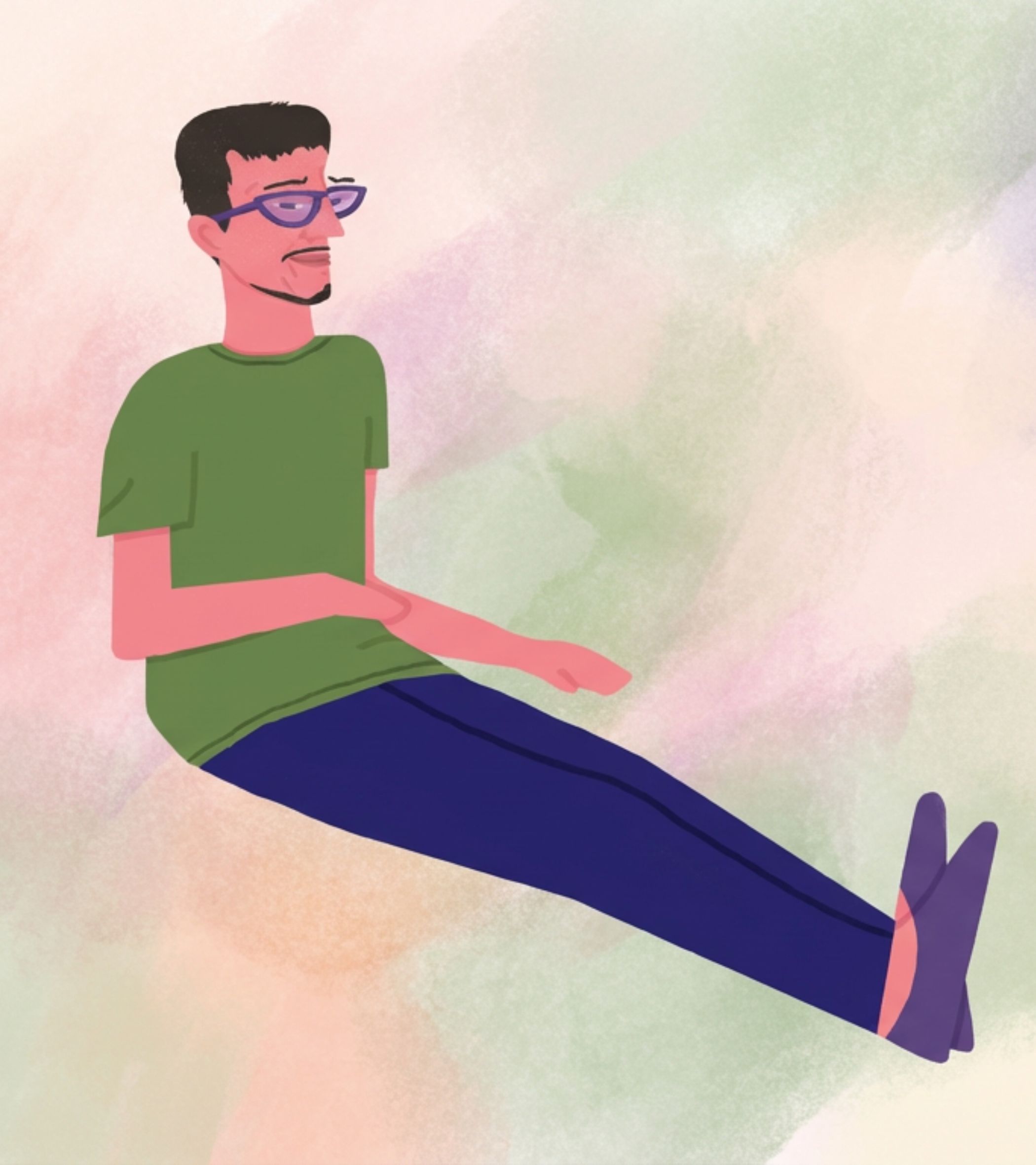 In the foreground, Rahim sits with legs stretched out and arms resting on his knees, his body relaxed yet slightly hunched, as if lost in thought. He has short dark hair, purple glasses, a green t-shirt, dark blue pants, and purple shoes with pink socks, his face soft with a gentle, pensive expression-eyes turned to the side, mouth slightly downturned. The background is a soft watercolor wash of pastel pink, green, and beige, creating a calm, dreamy atmosphere. The art style is warm and cartoonish, with blended colors and soft edges, emphasizing his sensitive, caring nature.