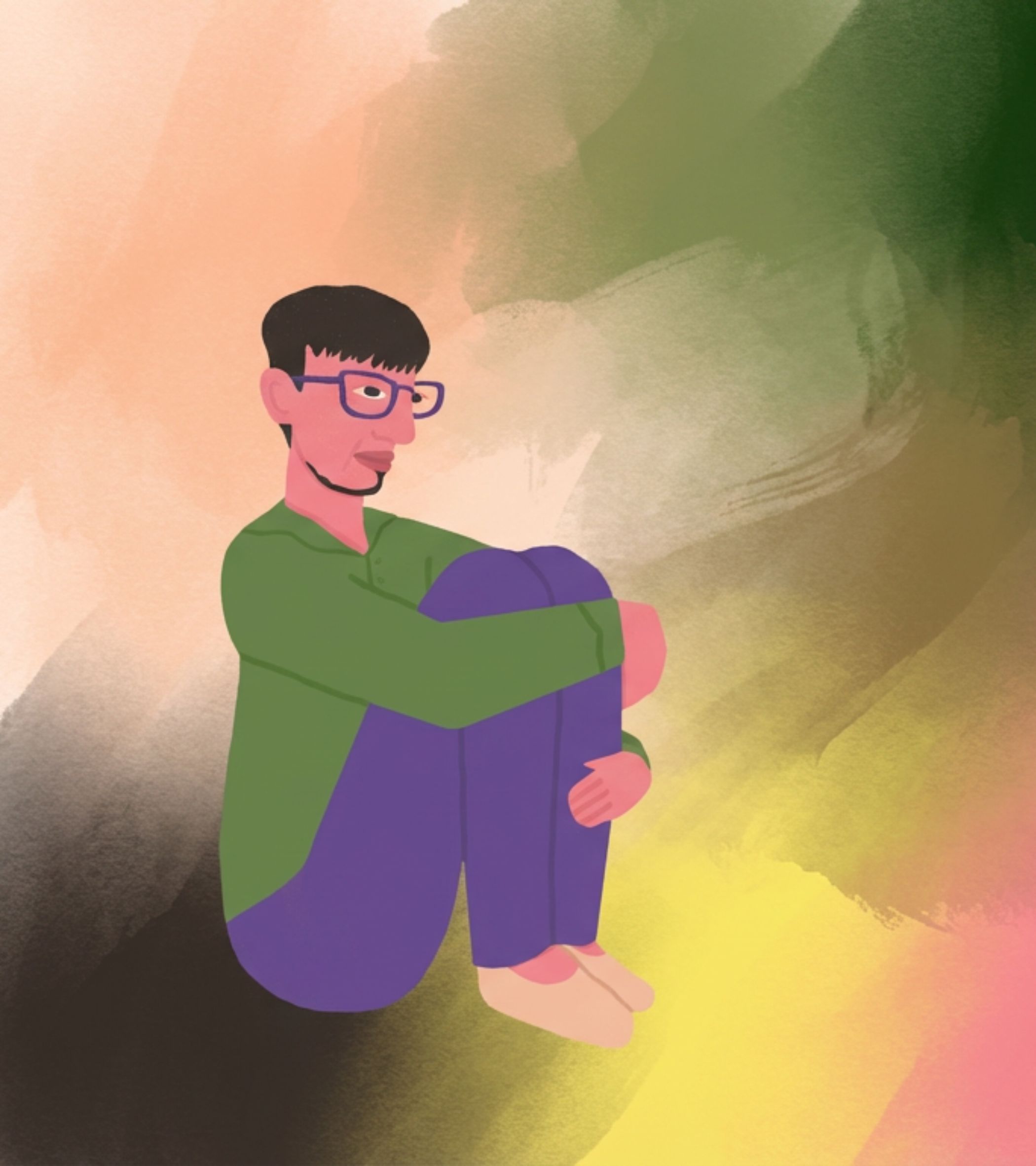 In the foreground, a boy named Rohan sits cross-legged with his knees drawn up to his chest, arms wrapped around them, bare feet visible. He has short black hair, purple glasses, a green long-sleeve shirt, and purple pants, and he looks to the side with a thoughtful, curious expression. The background is a soft watercolor wash of blended peach, green, yellow, and gray hues, creating a calm, introspective atmosphere. The illustration style is flat with gentle watercolor textures, emphasizing Rohan’s role as a curious observer of the world.