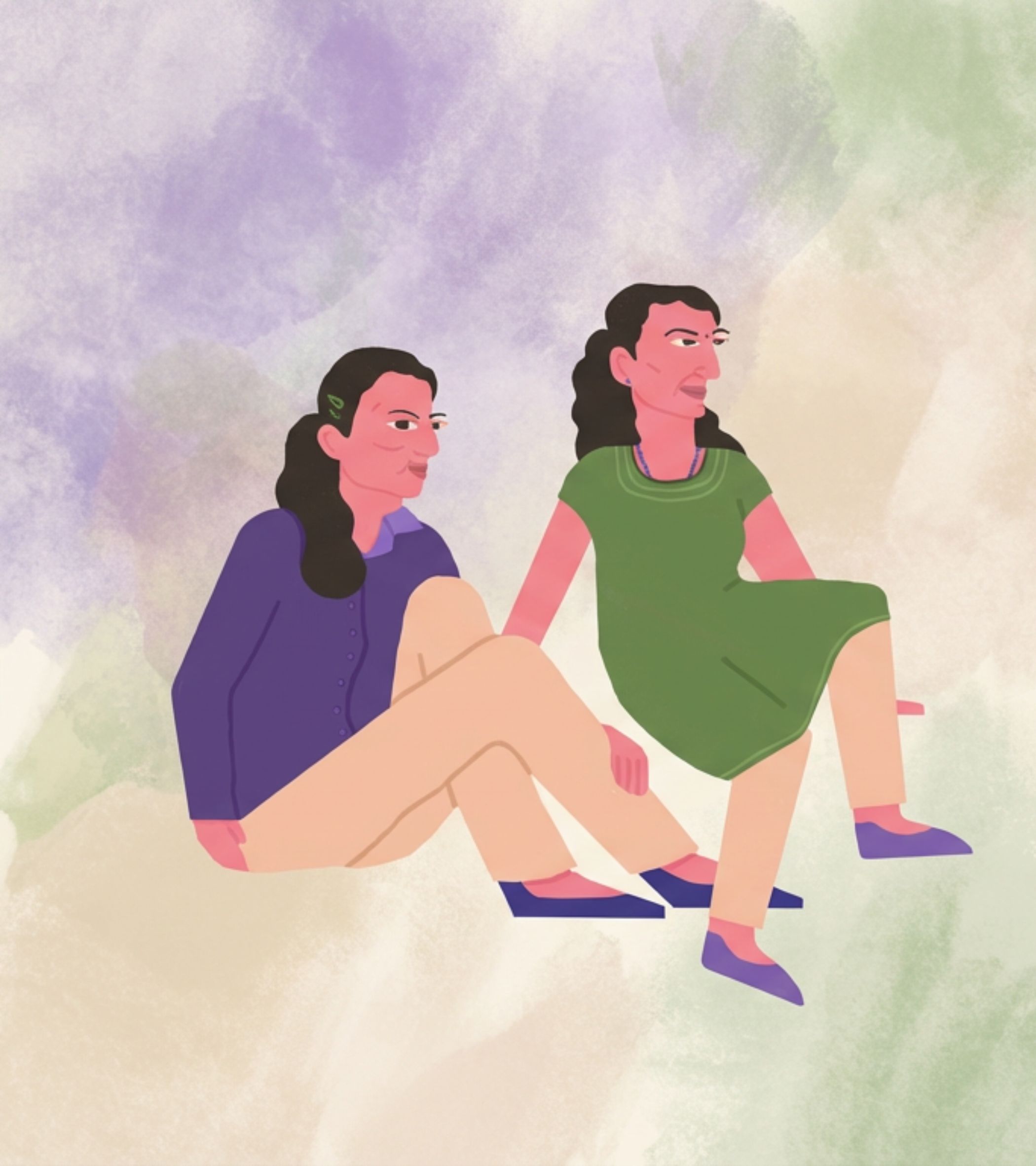 Two girls sit on a soft, watercolor background of blended purple and green washes. The girl on the left wears a purple shirt, beige pants, and a green hair clip, smiling with legs crossed. The girl on the right wears a green dress, beige pants, and purple shoes, looking serious with one leg bent. The illustration uses flat, vibrant watercolor colors, creating a warm, friendly mood with a hint of determination.