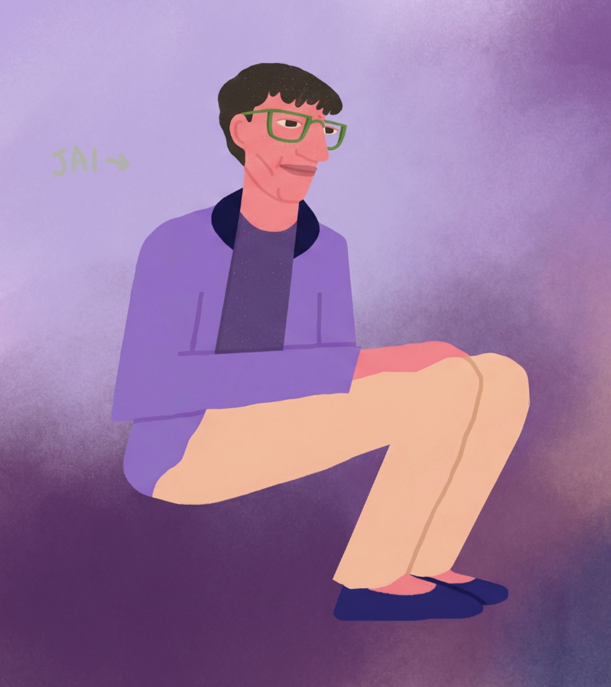 A digital cartoon illustration features Jai, a character with short dark hair and green glasses, sitting cross-legged in a relaxed, comfortable pose-knees drawn up, arms wrapped loosely around them-against a soft purple-to-lavender gradient background. He wears a purple jacket over a dark blue shirt, light beige pants, and dark blue shoes, with a gentle, slight smile on his face. The scene has a calm, quiet mood, enhanced by muted, soft colors and subtle digital texture, and a light green “JAI →” text appears on the left. The art style is warm and approachable, reflecting Jai’s comfort in quiet spaces.