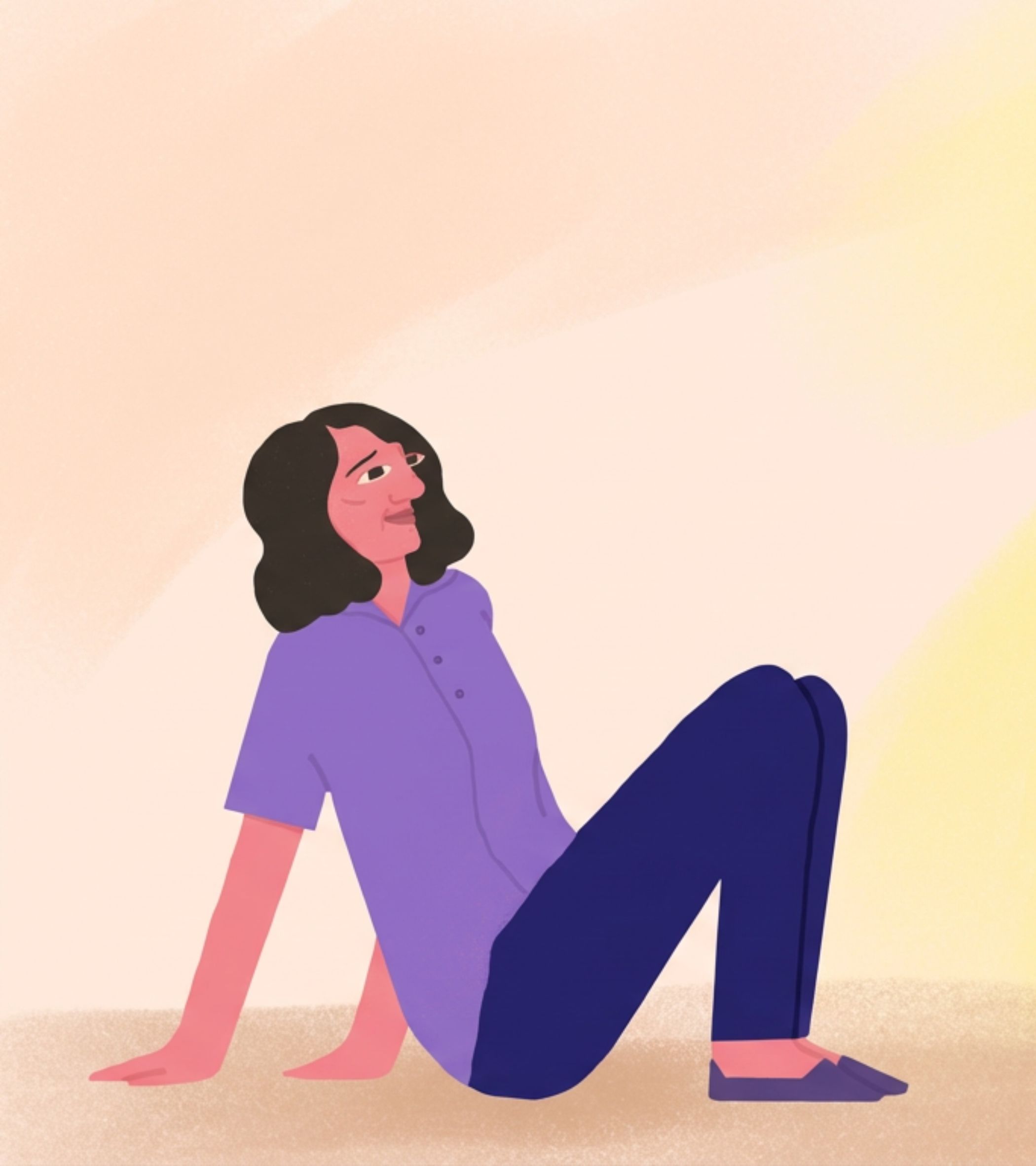 In a soft, warm illustration, Kavya sits on a beige ground, leaning back on their hands with legs bent. They wear a short-sleeved purple button-up shirt, dark blue pants, and purple shoes with pink socks, their shoulder-length dark brown hair framing a face with a thoughtful, slightly curious expression. The background is a gradient of pale peach to light yellow-like a gentle sunrise or sunset-creating a calm, reflective mood. The art style is flat and digital, with smooth lines and simple shapes, fitting the storystory’s friendly tone.