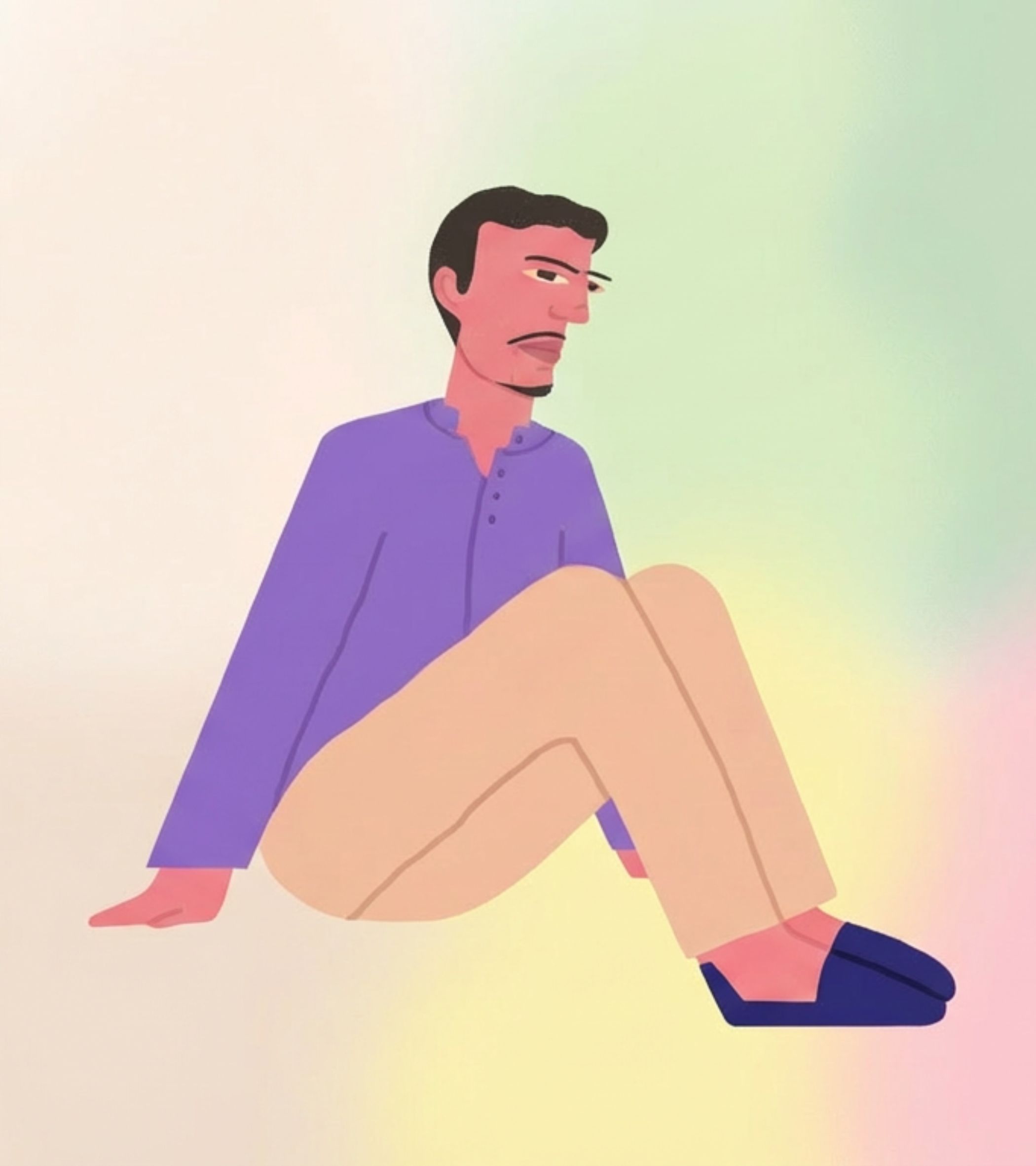 In a soft, pastel gradient background of pale pink, light green, and yellow, Hritnay sits in the foreground with their knees drawn up, wearing a long-sleeved purple shirt, beige pants, and a dark blue slip-on shoe (one foot bare). Their short dark hair, small goatee, and furrowed brows give them a serious, pensive expression, while their relaxed posture suggests quiet contemplation. The digital illustration uses flat, bold colors and simple lines, creating a calm, dreamy mood that matches their love for creativity and dreams of endless fabric.