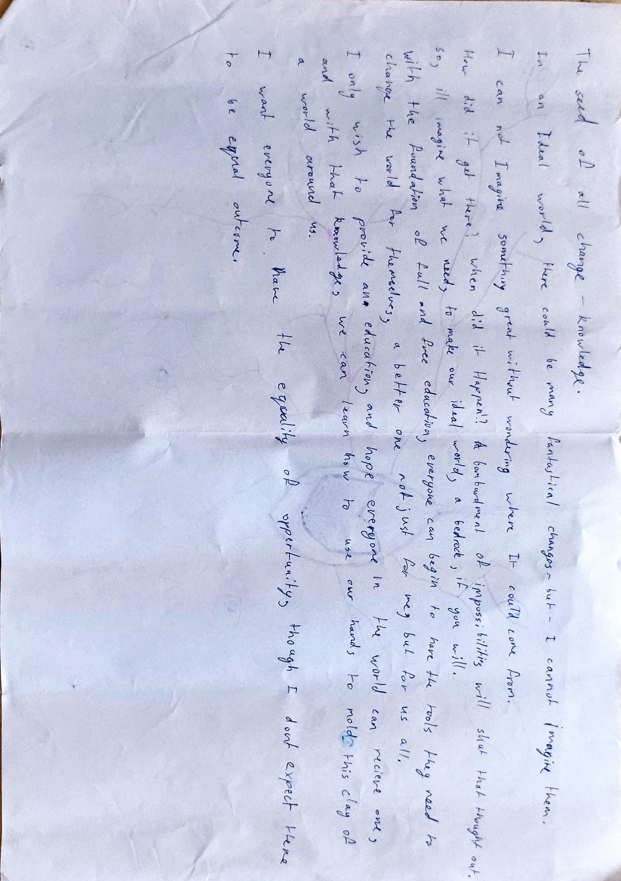 Second page of Jai's 'My World' entry - handwritten English paragraph beginning 'The seed of all change - knowledge.'