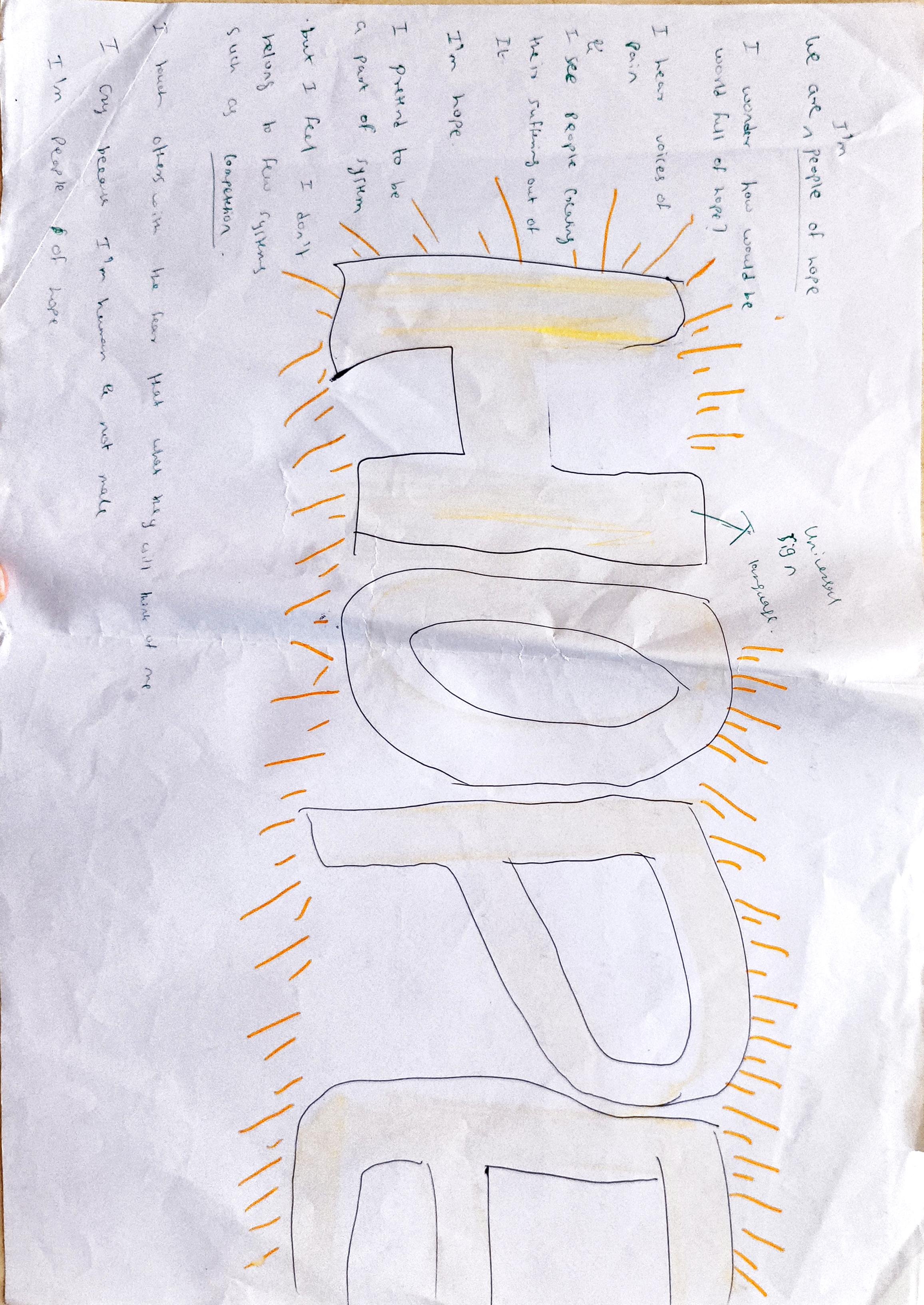 Hand-drawn page with the word 'HOPE' in large block letters running vertically down the centre, ringed by short orange rays like a sun. Smaller English text in the top-left corner names this as the world Rahim is rooting for.