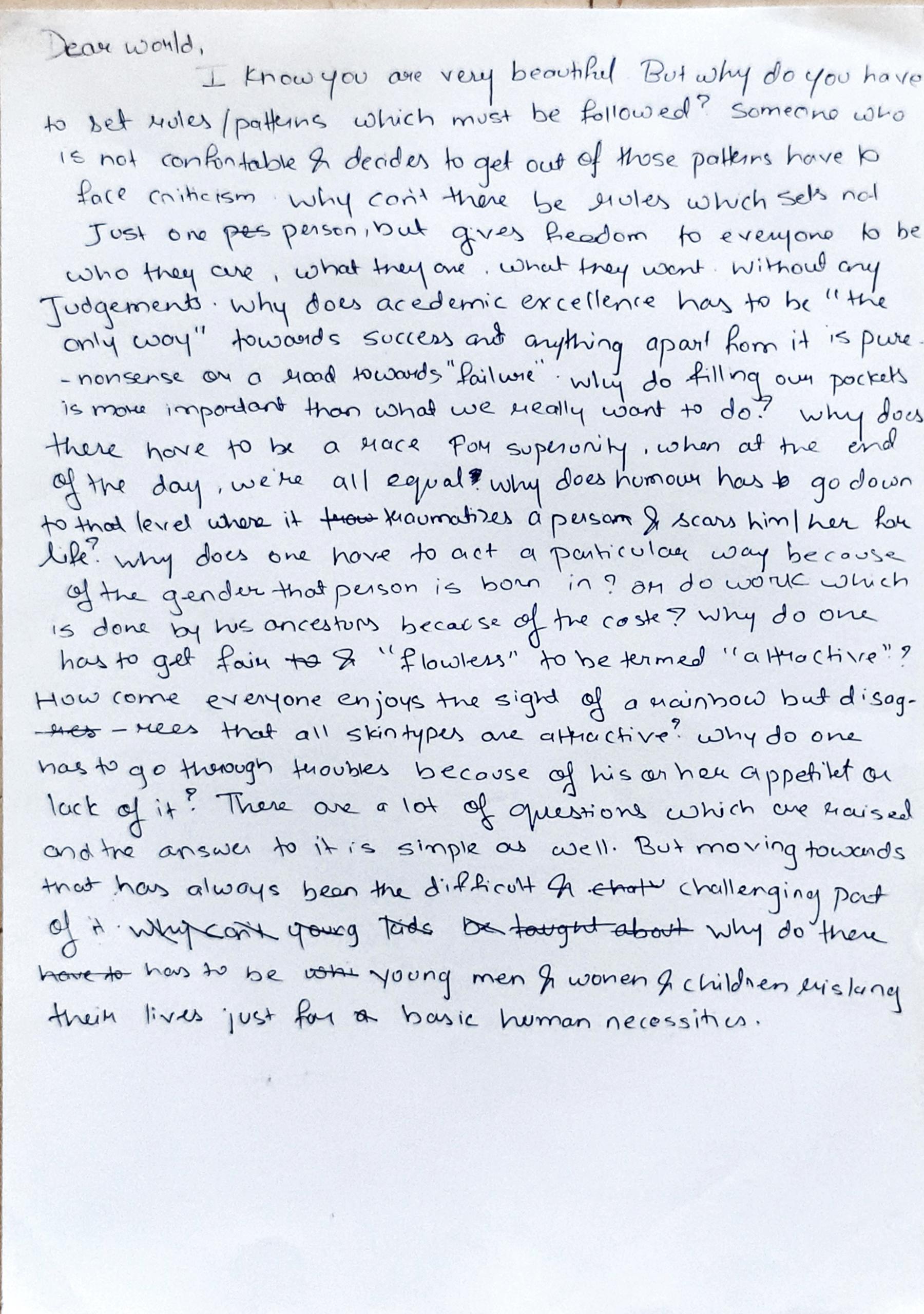 Rohan's handwritten English letter on a single page beginning 'Dear world, I know you are very beautiful but why do you have to set rules/patterns which must be followed?'