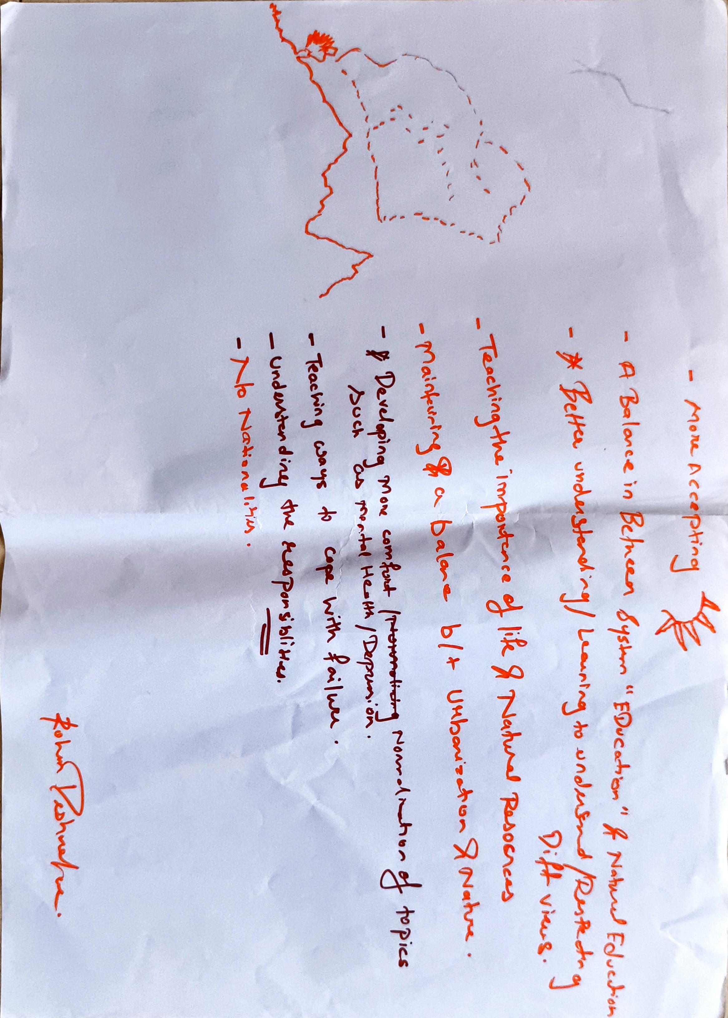 A single page of Rohan's 'My World' entry, written sideways in red pen. A small tree is sketched in the top-left corner. Below the tree, a vertical list of points runs down the page, signed 'Rohan Damodara' at the bottom.